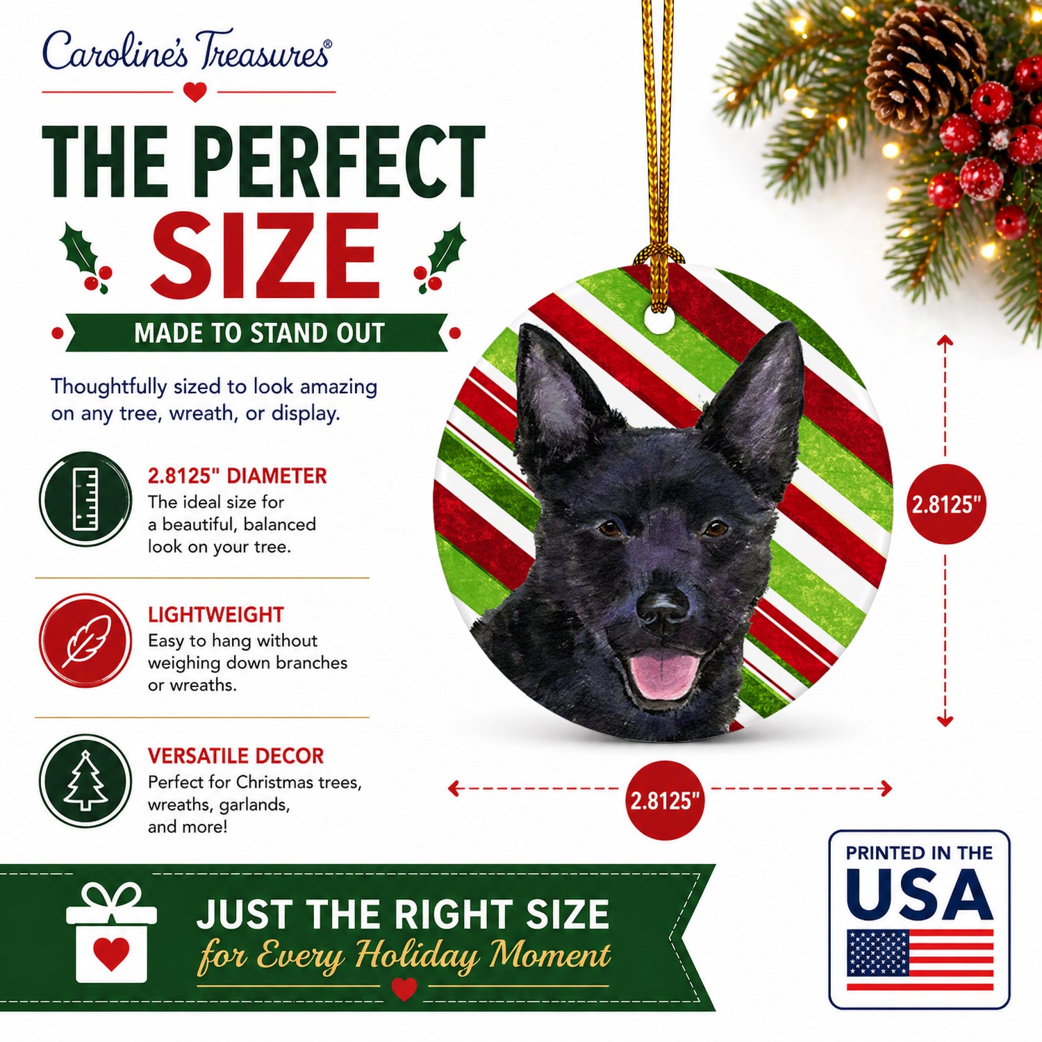 Australian Kelpie Candy Cane Holiday Christmas Ceramic Ornament Christmas Tree Hanging Decorations for Home Christmas Holiday, Party, Gift, 3 in, Multicolor