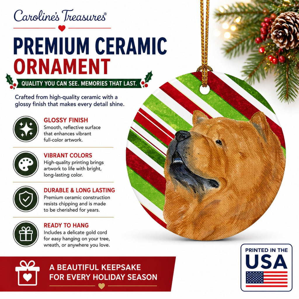 Chow Chow Candy Cane Holiday Christmas Ceramic Ornament Christmas Tree Hanging Decorations for Home Christmas Holiday, Party, Gift, 3 in, Multicolor