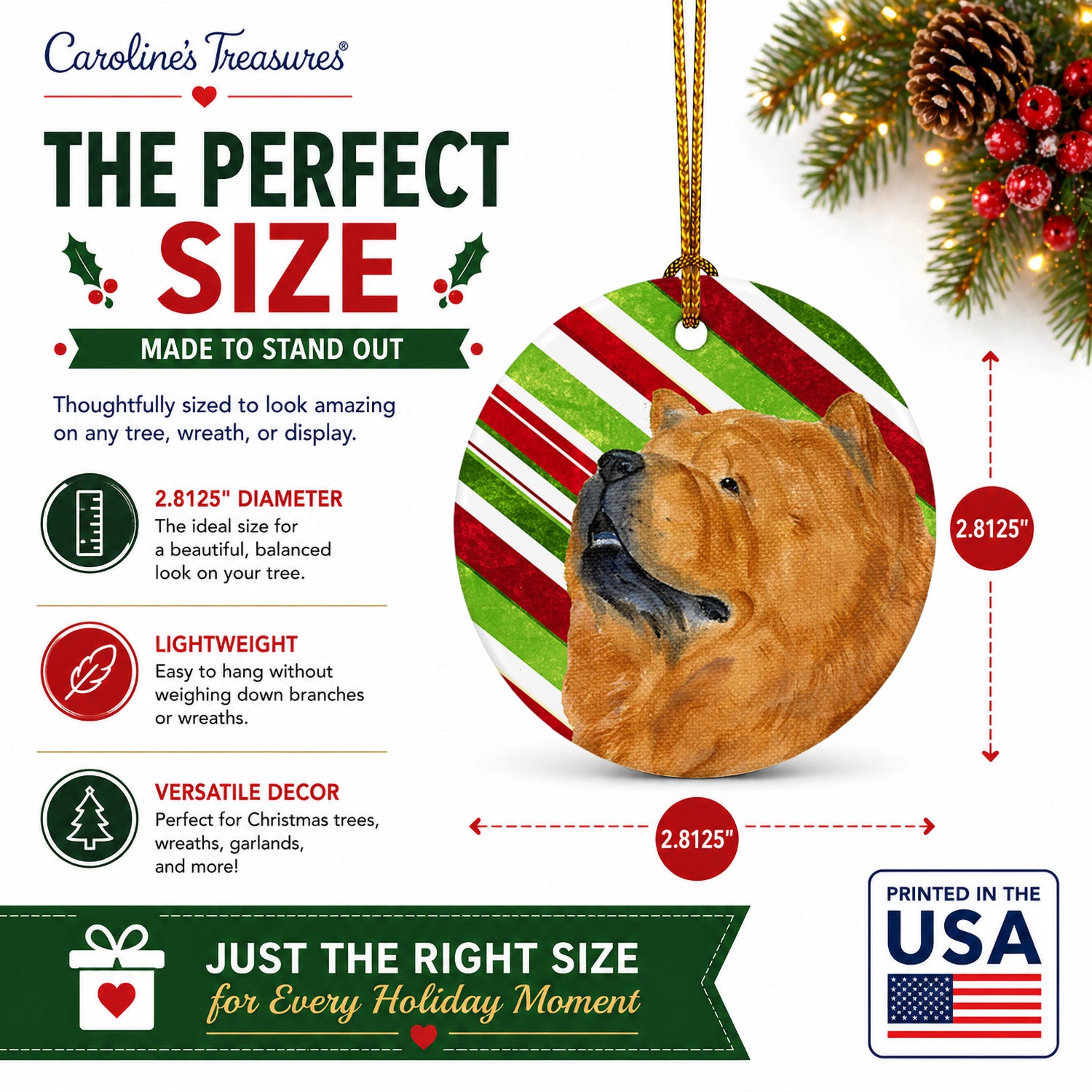 Chow Chow Candy Cane Holiday Christmas Ceramic Ornament Christmas Tree Hanging Decorations for Home Christmas Holiday, Party, Gift, 3 in, Multicolor