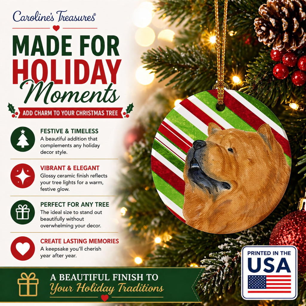 Chow Chow Candy Cane Holiday Christmas Ceramic Ornament Christmas Tree Hanging Decorations for Home Christmas Holiday, Party, Gift, 3 in, Multicolor