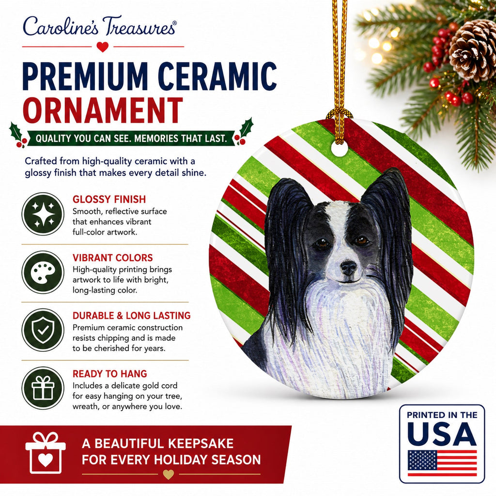 Papillon Candy Cane Holiday Christmas Ceramic Ornament Christmas Tree Hanging Decorations for Home Christmas Holiday, Party, Gift, 3 in, Multicolor