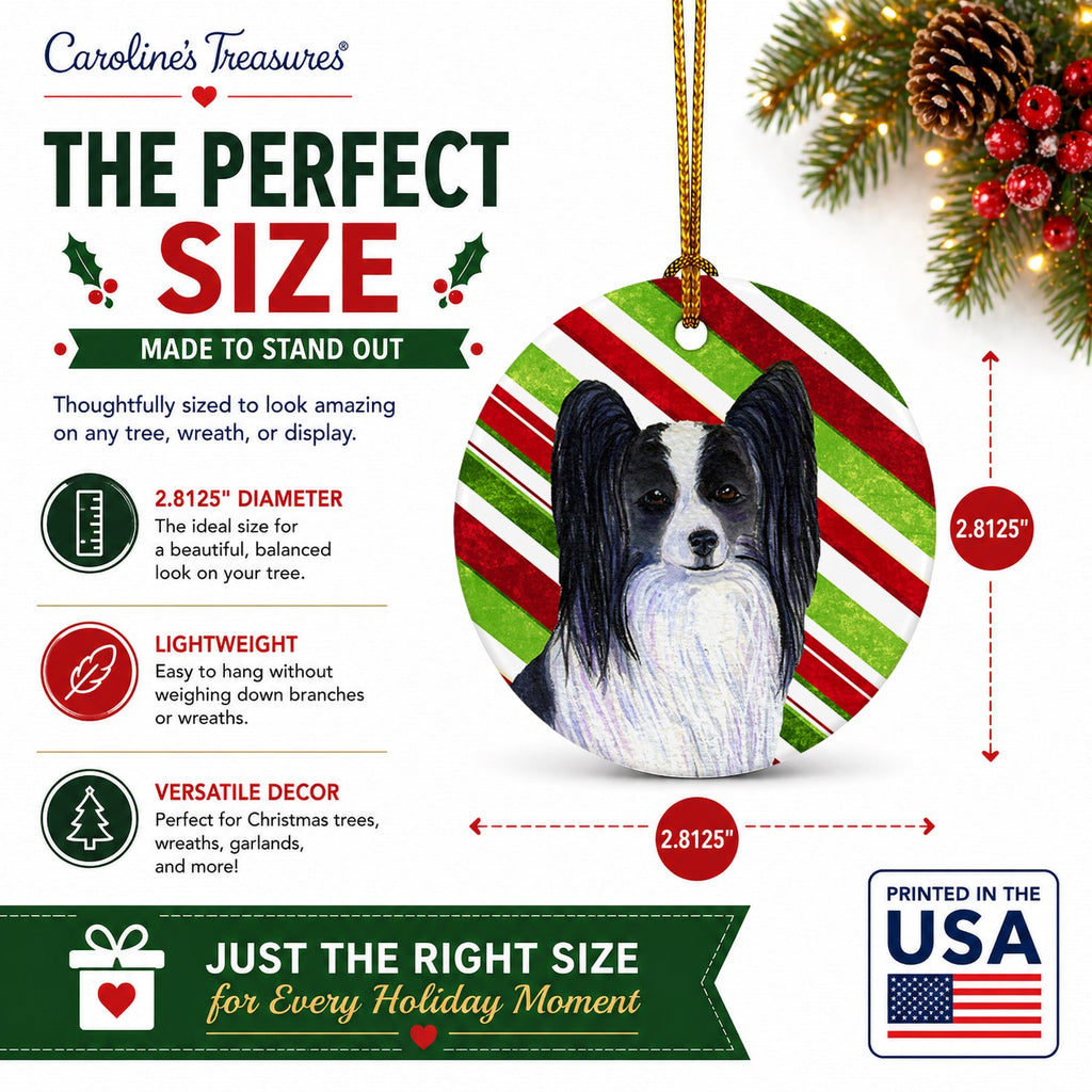 Papillon Candy Cane Holiday Christmas Ceramic Ornament Christmas Tree Hanging Decorations for Home Christmas Holiday, Party, Gift, 3 in, Multicolor