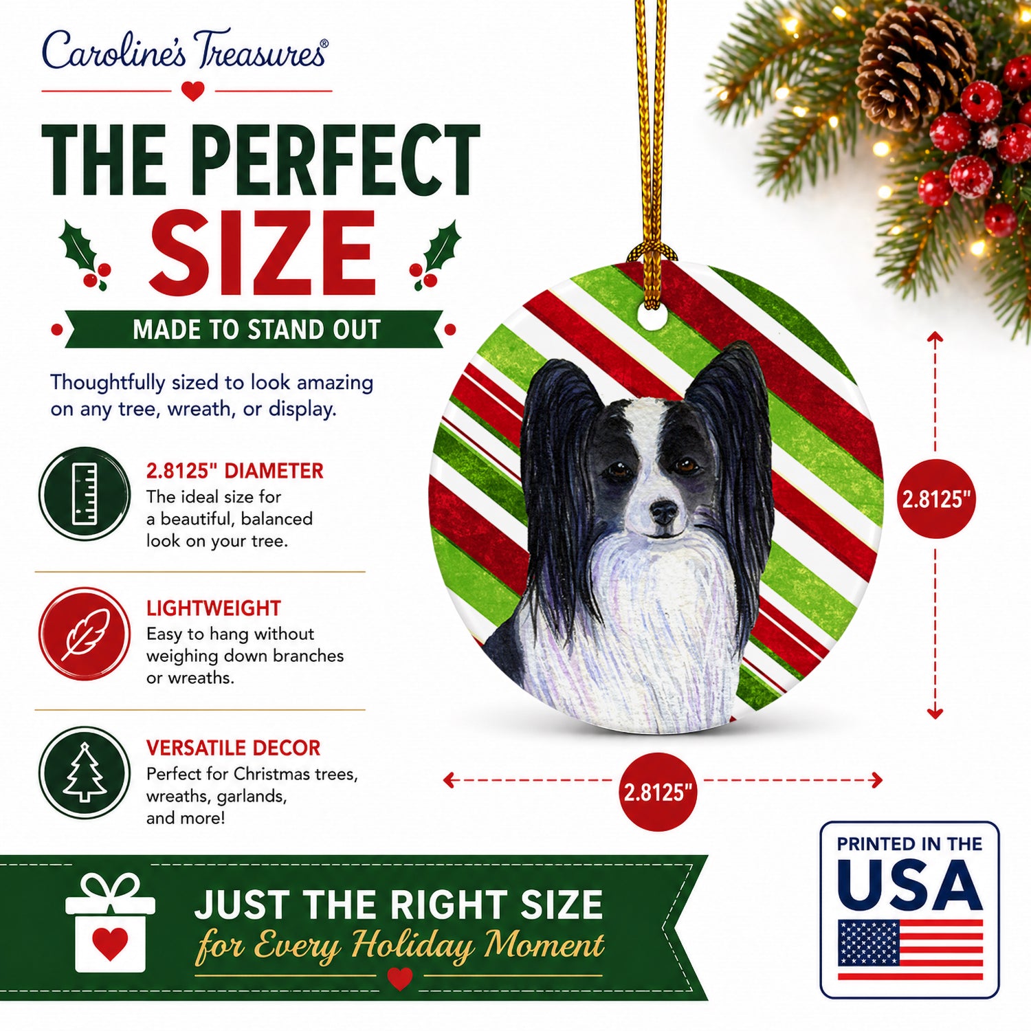 Papillon Candy Cane Holiday Christmas Ceramic Ornament Christmas Tree Hanging Decorations for Home Christmas Holiday, Party, Gift, 3 in, Multicolor