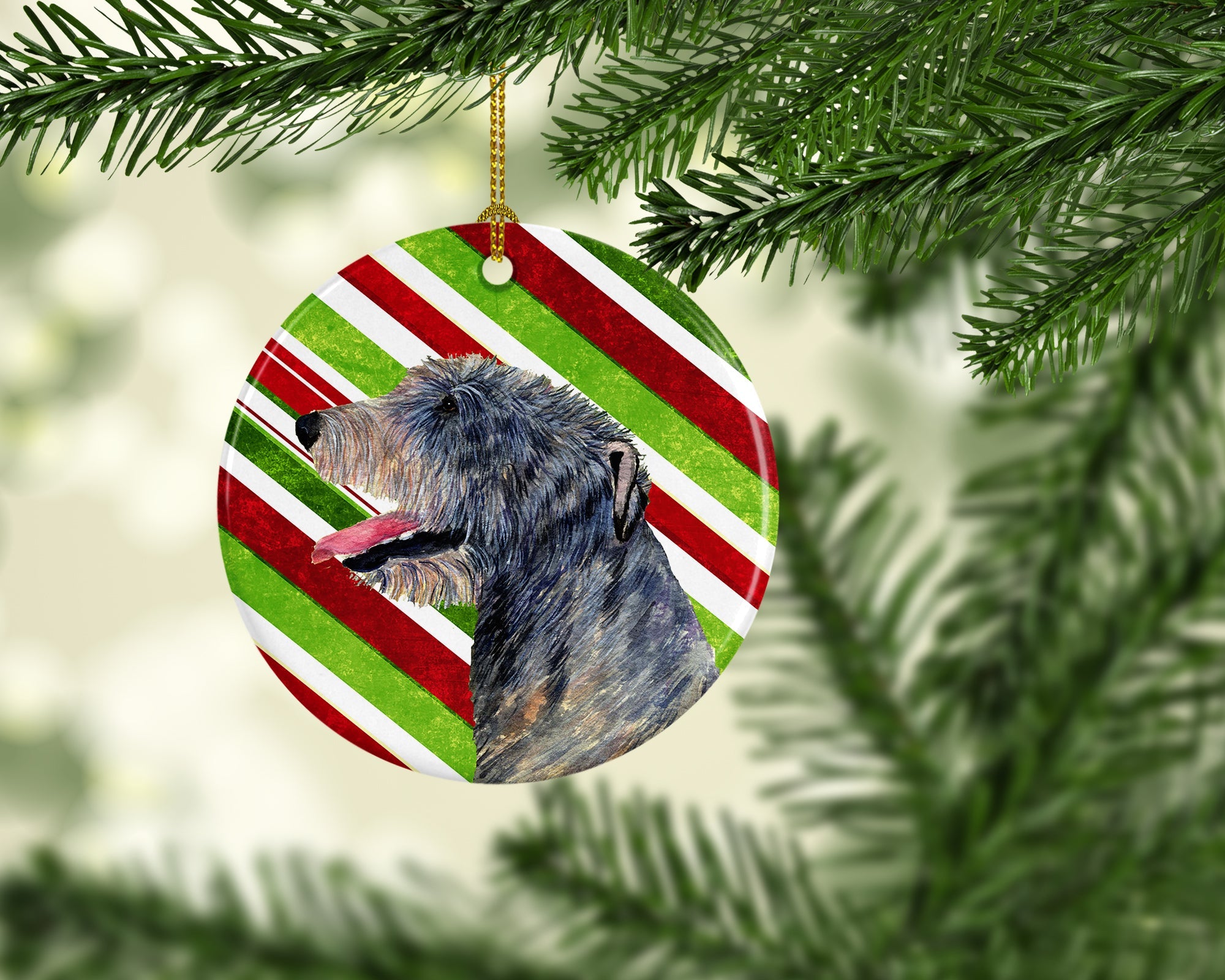 Irish Wolfhound Candy Cane Holiday Christmas Ceramic Ornament Christmas Tree Hanging Decorations for Home Christmas Holiday, Party, Gift, 3 in, Multicolor