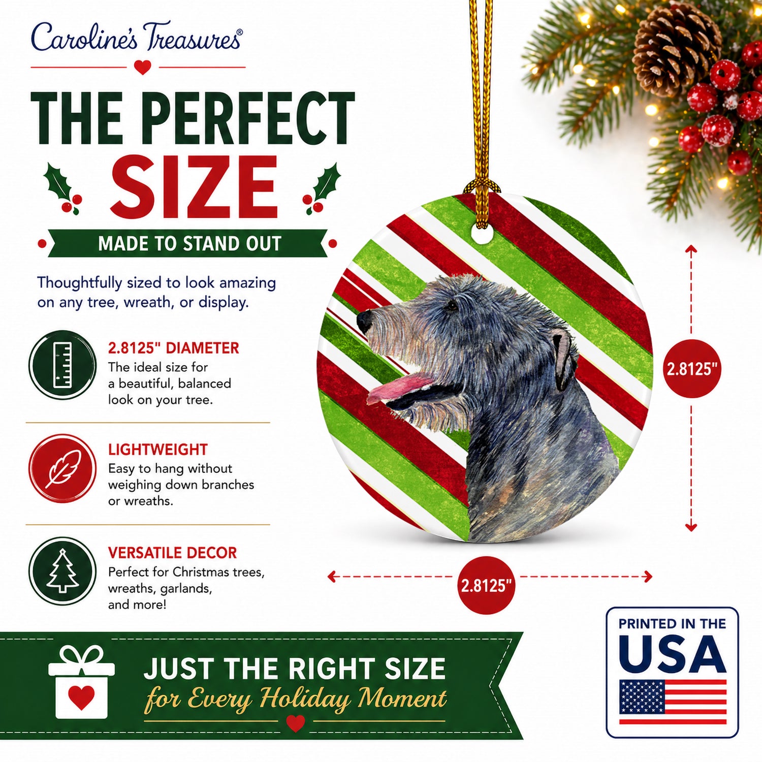 Irish Wolfhound Candy Cane Holiday Christmas Ceramic Ornament Christmas Tree Hanging Decorations for Home Christmas Holiday, Party, Gift, 3 in, Multicolor