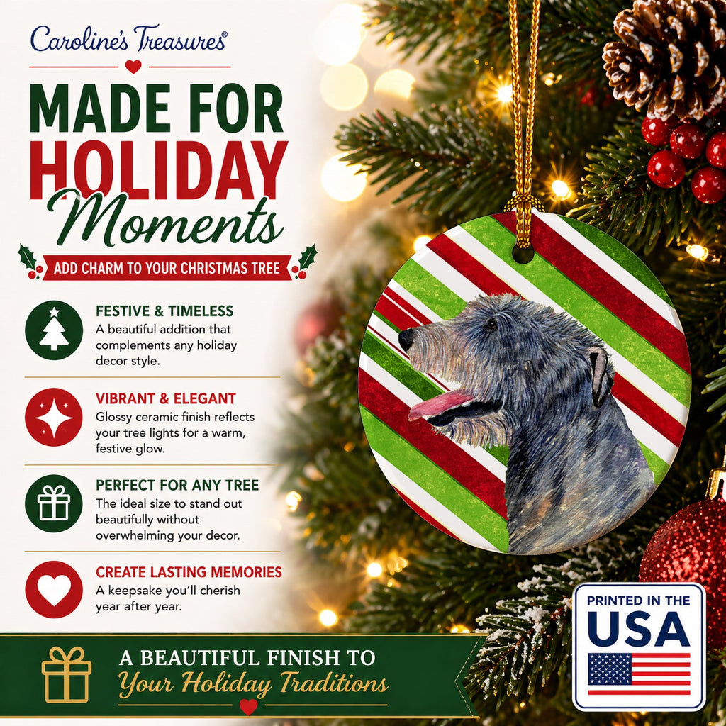 Irish Wolfhound Candy Cane Holiday Christmas Ceramic Ornament Christmas Tree Hanging Decorations for Home Christmas Holiday, Party, Gift, 3 in, Multicolor