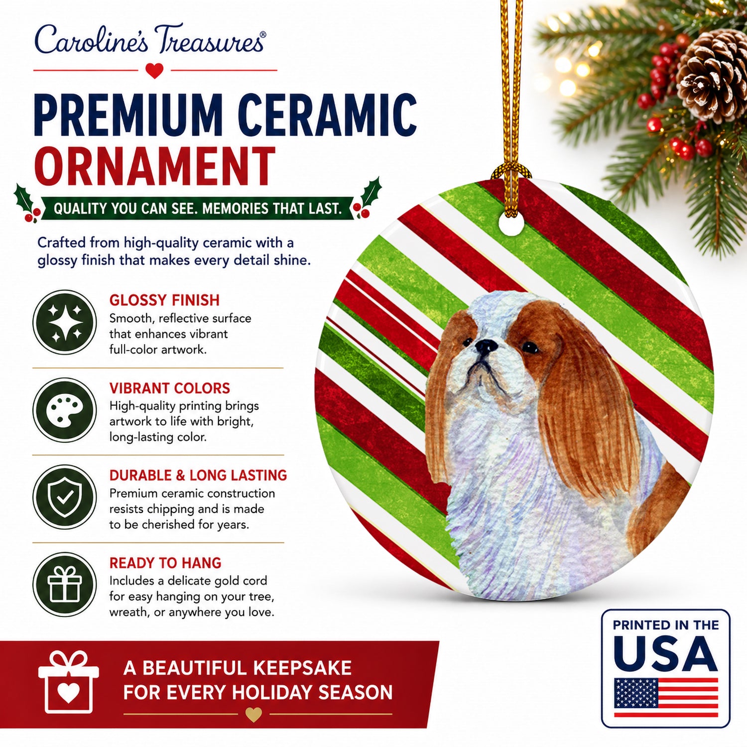 English Toy Spaniel Candy Cane Holiday Christmas Ceramic Ornament Christmas Tree Hanging Decorations for Home Christmas Holiday, Party, Gift, 3 in, Multicolor