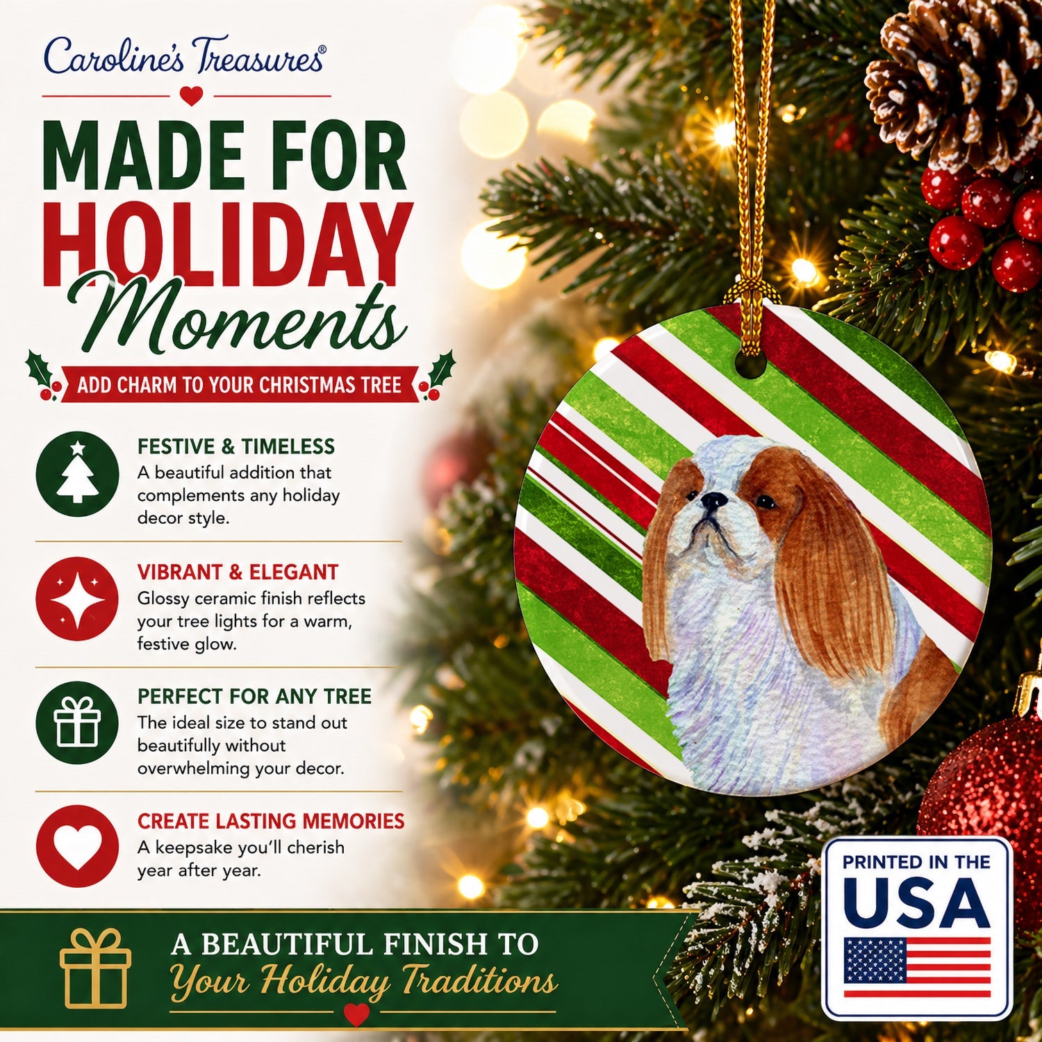 English Toy Spaniel Candy Cane Holiday Christmas Ceramic Ornament Christmas Tree Hanging Decorations for Home Christmas Holiday, Party, Gift, 3 in, Multicolor