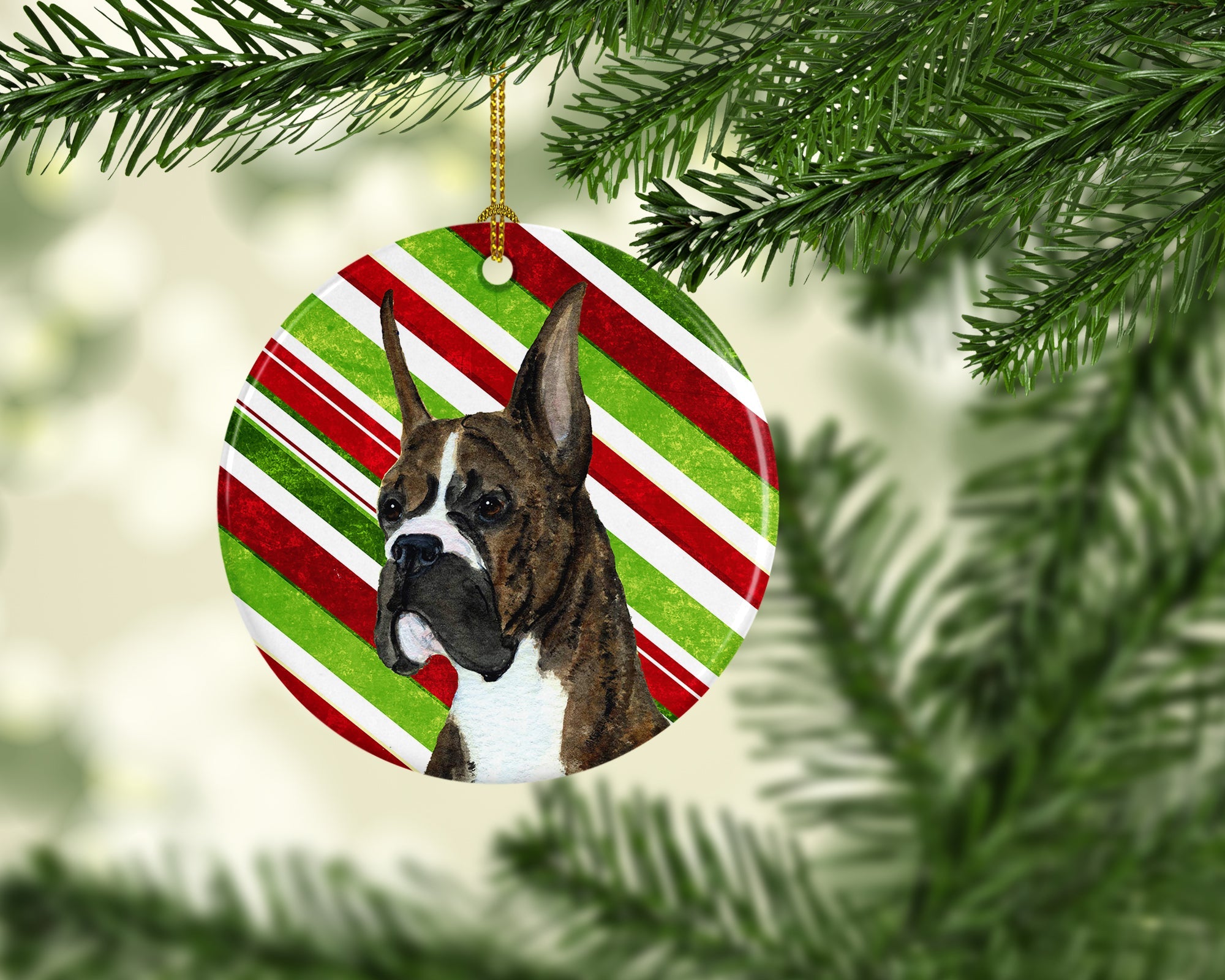 Boxer Candy Cane Holiday Christmas Ceramic Ornament Christmas Tree Hanging Decorations for Home Christmas Holiday, Party, Gift, 3 in, Multicolor