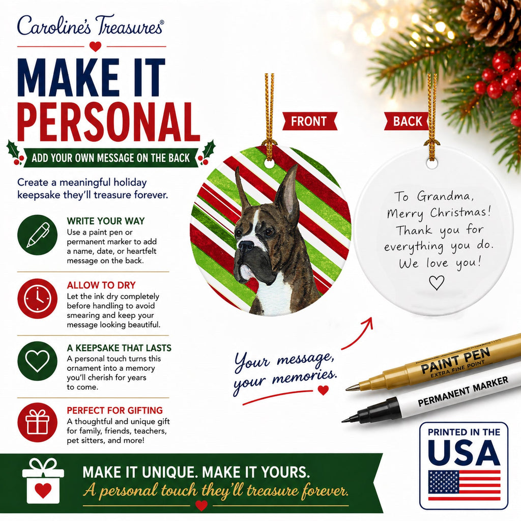 Boxer Candy Cane Holiday Christmas Ceramic Ornament Christmas Tree Hanging Decorations for Home Christmas Holiday, Party, Gift, 3 in, Multicolor