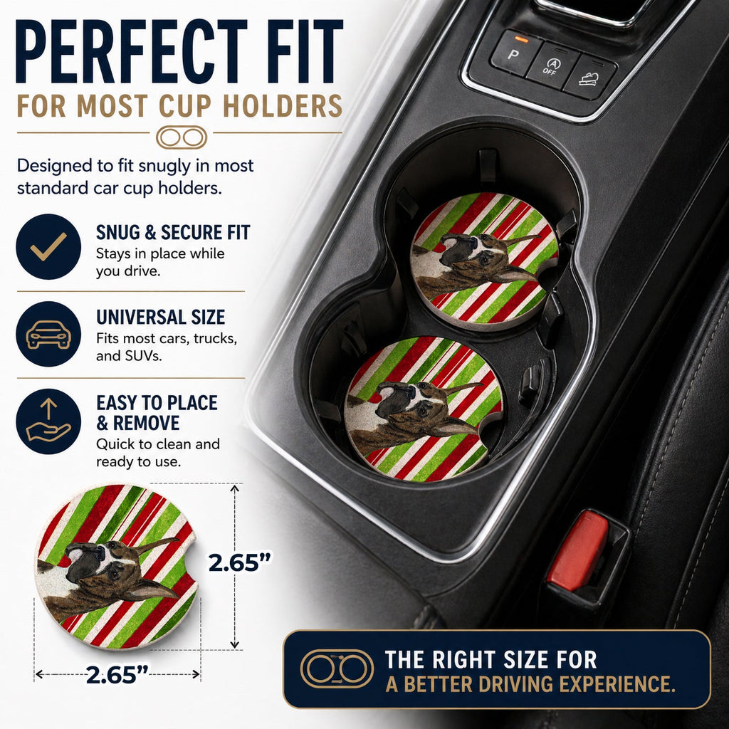 Boxer Candy Cane Holiday Christmas Set of 2 Cup Holder Car Coasters Absorbent Round Sandstone Coasters Gifts for Men or Women, 2.5, Multicolor