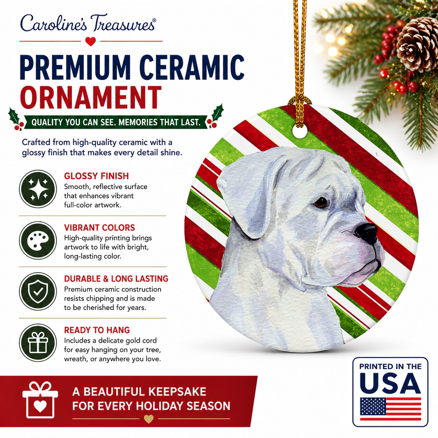 Boxer Candy Cane Holiday Christmas Ceramic Ornament Christmas Tree Hanging Decorations for Home Christmas Holiday, Party, Gift, 3 in, Multicolor
