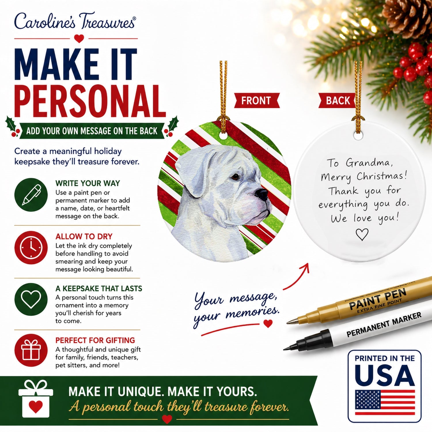 Boxer Candy Cane Holiday Christmas Ceramic Ornament Christmas Tree Hanging Decorations for Home Christmas Holiday, Party, Gift, 3 in, Multicolor