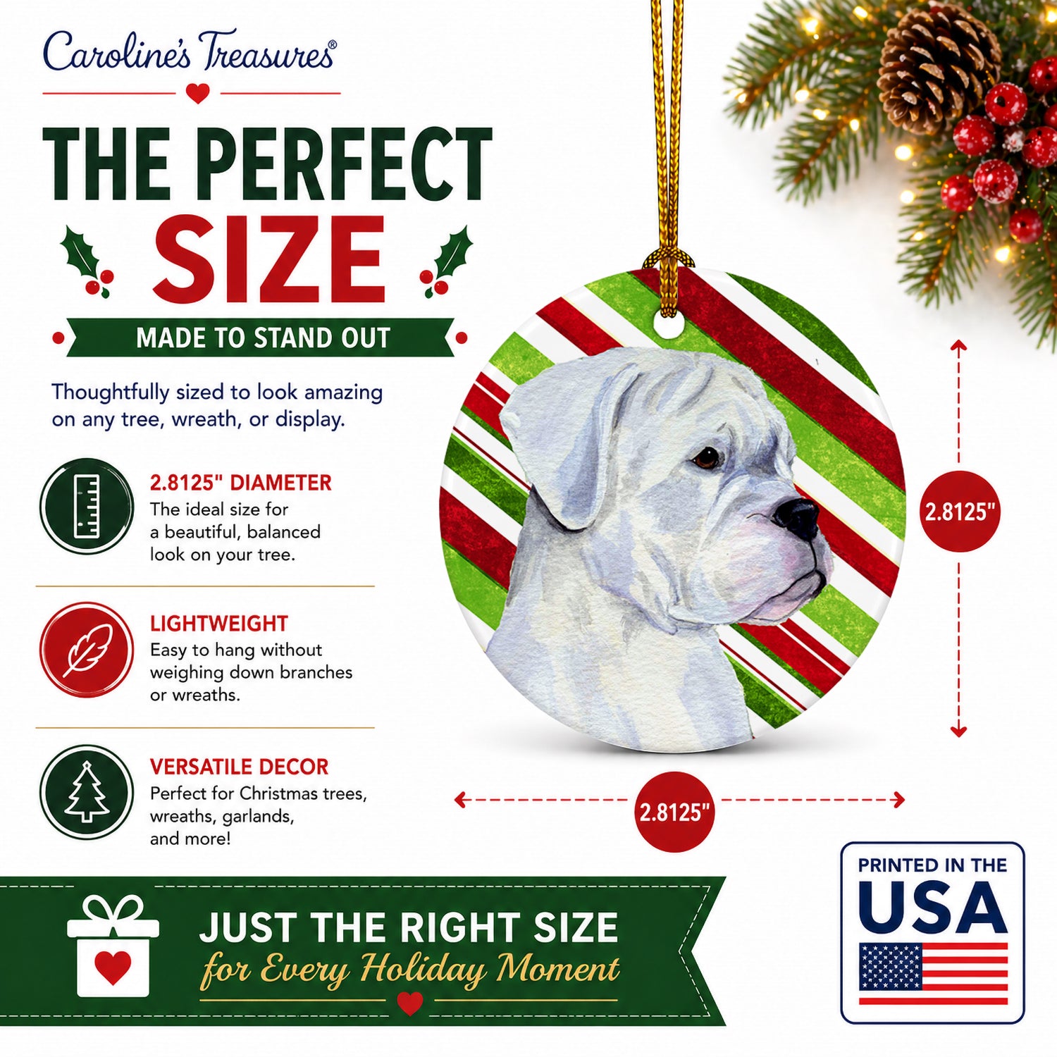 Boxer Candy Cane Holiday Christmas Ceramic Ornament Christmas Tree Hanging Decorations for Home Christmas Holiday, Party, Gift, 3 in, Multicolor