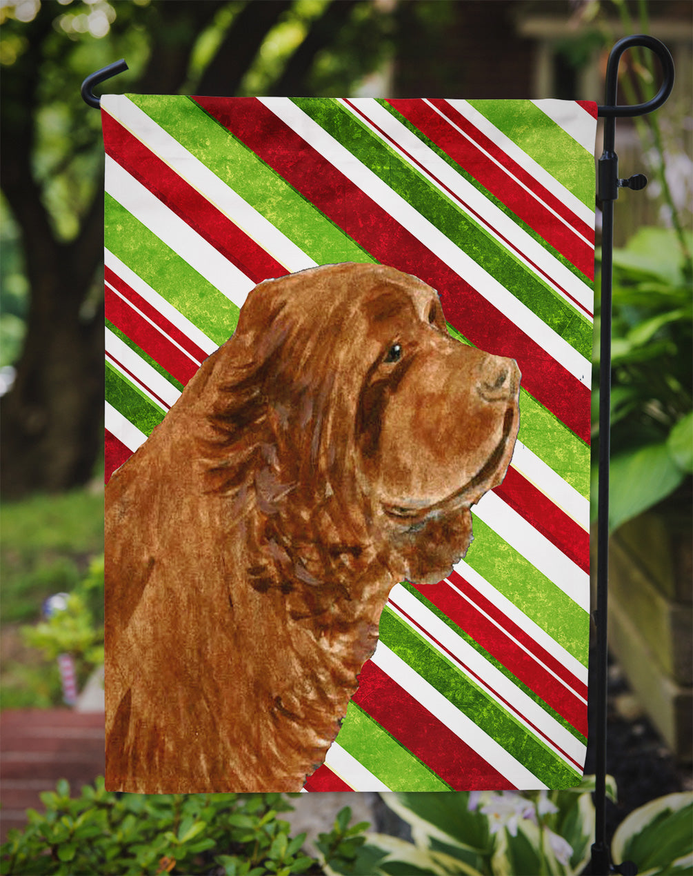 Sussex Spaniel Candy Cane Holiday Christmas Garden Flag Mailbox Decorative Yard Banner Outside Patio Artwork for Flower Beds, Garden Size, Multicolor