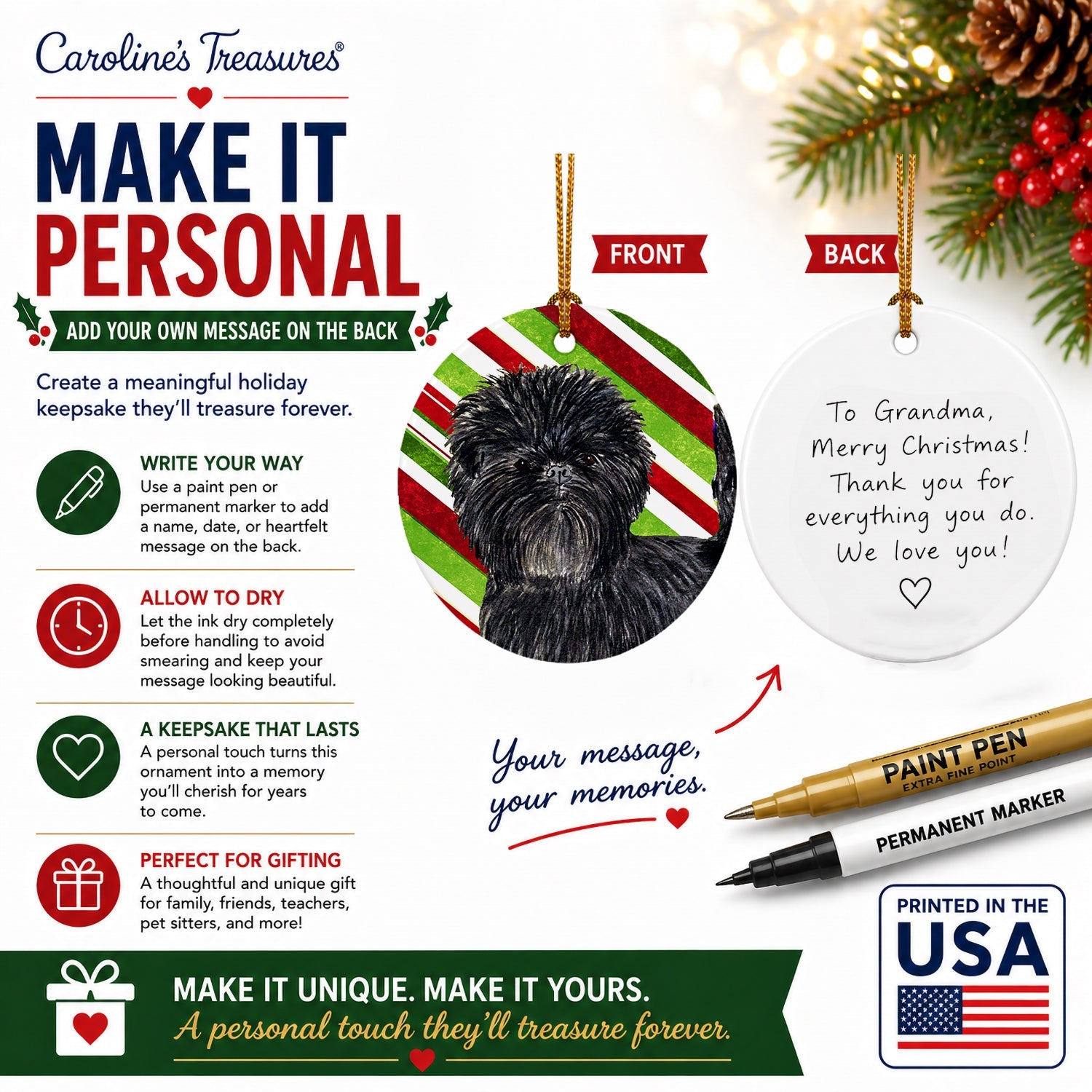 Affenpinscher Candy Cane Holiday Christmas Ceramic Ornament Christmas Tree Hanging Decorations for Home Christmas Holiday, Party, Gift, 3 in, Multicolor