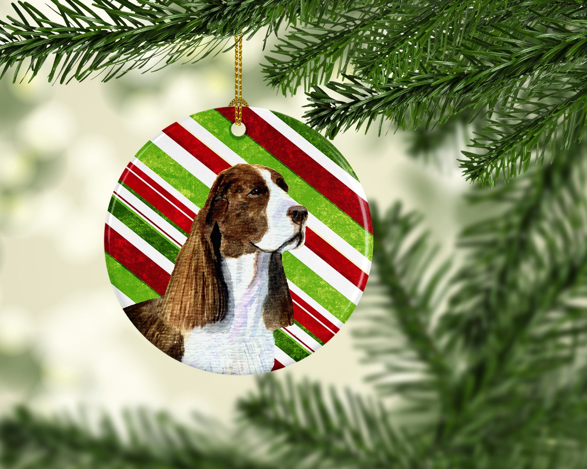 Springer Spaniel Candy Cane Holiday Christmas Ceramic Ornament Christmas Tree Hanging Decorations for Home Christmas Holiday, Party, Gift, 3 in, Multicolor