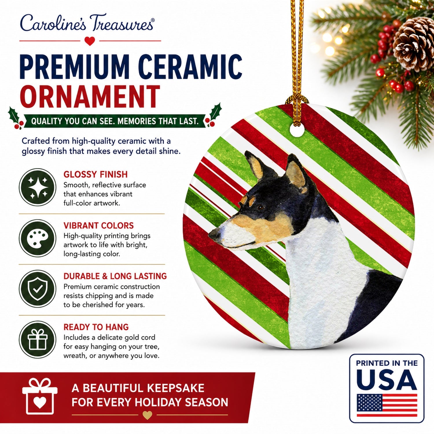Basenji Candy Cane Holiday Christmas Ceramic Ornament Christmas Tree Hanging Decorations for Home Christmas Holiday, Party, Gift, 3 in, Multicolor