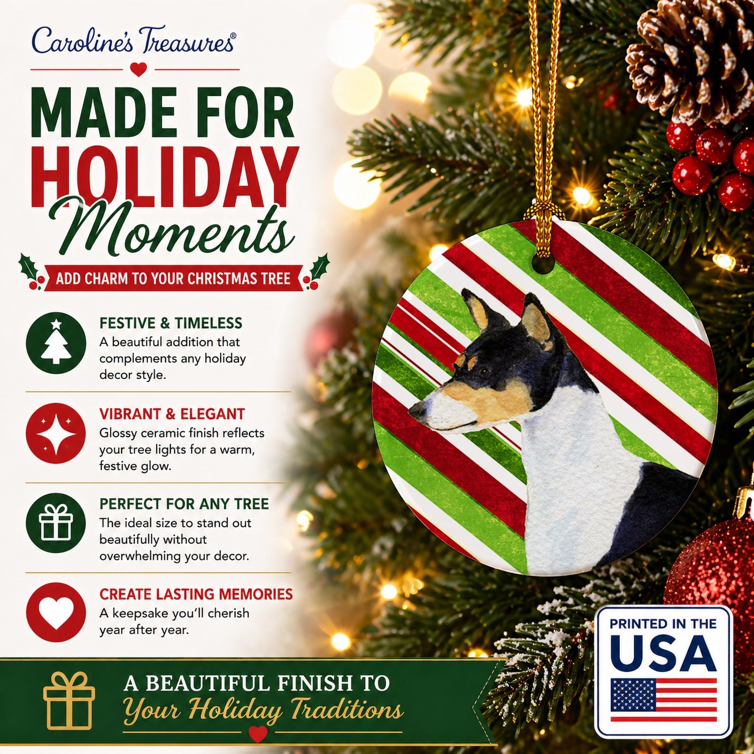 Basenji Candy Cane Holiday Christmas Ceramic Ornament Christmas Tree Hanging Decorations for Home Christmas Holiday, Party, Gift, 3 in, Multicolor