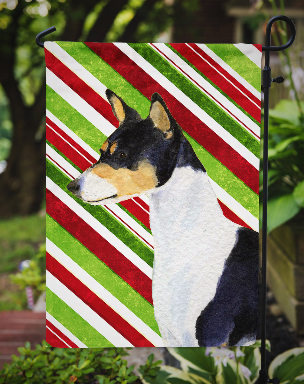 Basenji Candy Cane Holiday Christmas Garden Flag Mailbox Decorative Yard Banner Outside Patio Artwork for Flower Beds, Garden Size, Multicolor
