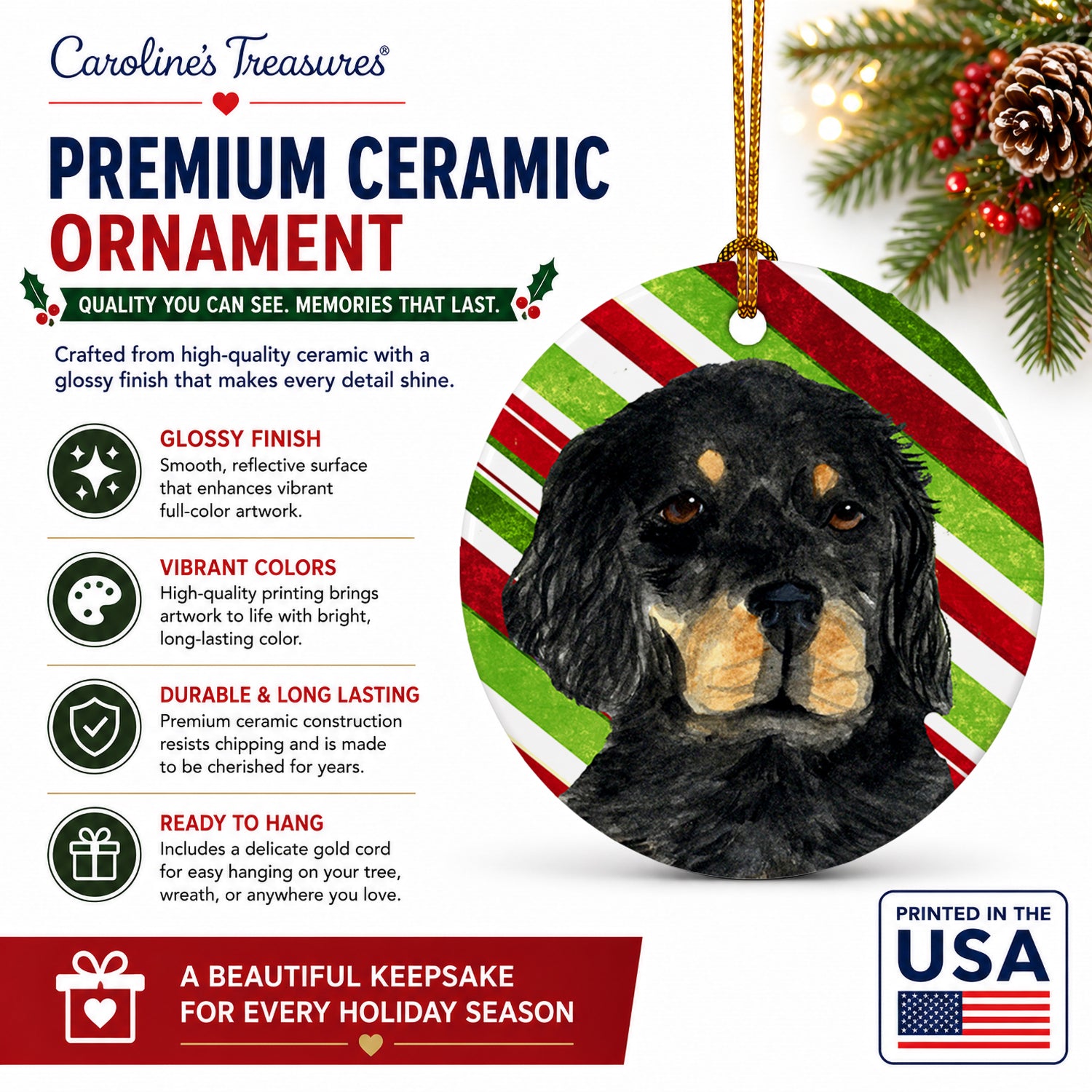 Gordon Setter Candy Cane Holiday Christmas Ceramic Ornament Christmas Tree Hanging Decorations for Home Christmas Holiday, Party, Gift, 3 in, Multicolor