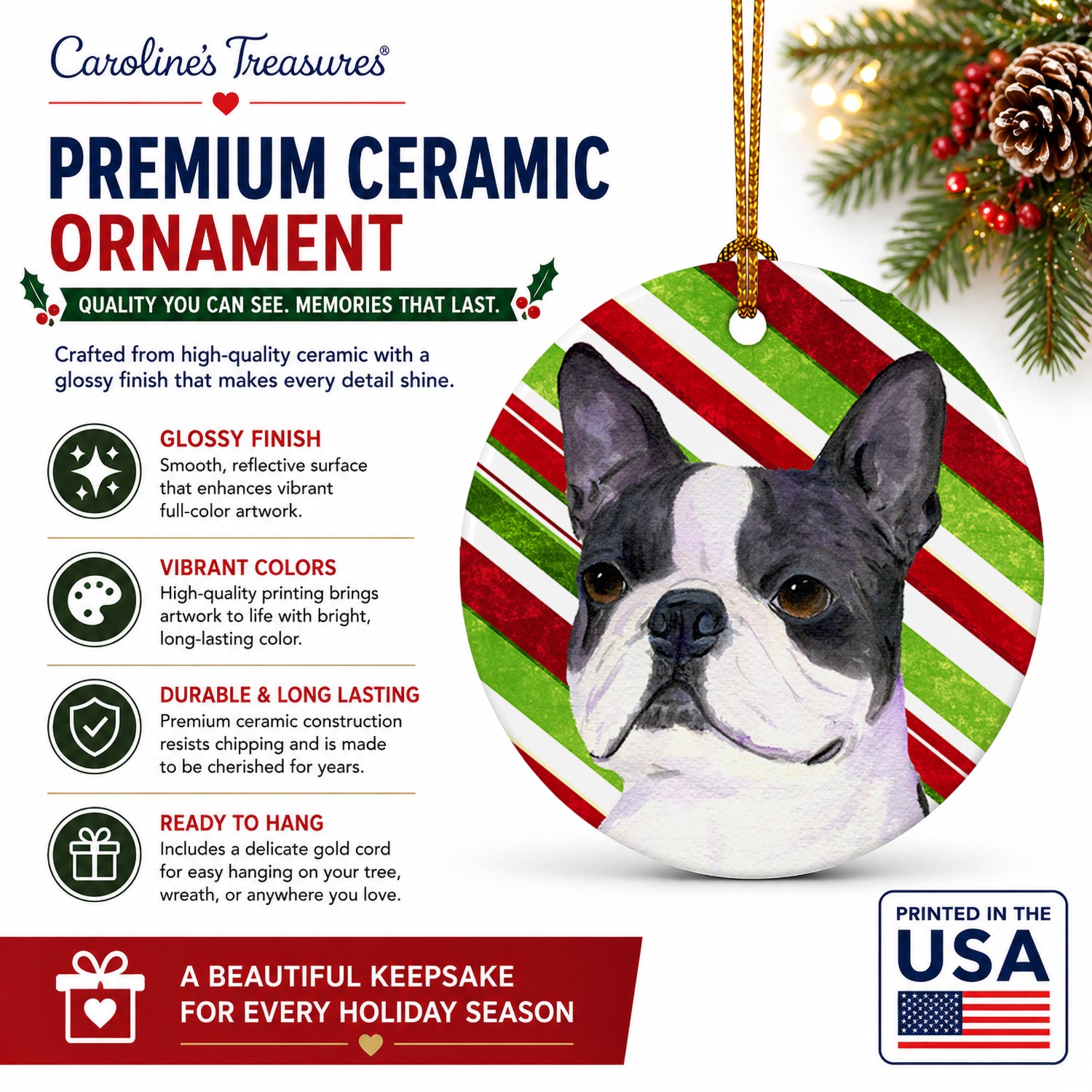 Boston Terrier Candy Cane Holiday Christmas Ceramic Ornament Christmas Tree Hanging Decorations for Home Christmas Holiday, Party, Gift, 3 in, Multicolor