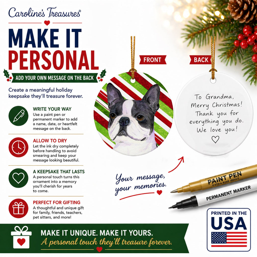 Boston Terrier Candy Cane Holiday Christmas Ceramic Ornament Christmas Tree Hanging Decorations for Home Christmas Holiday, Party, Gift, 3 in, Multicolor