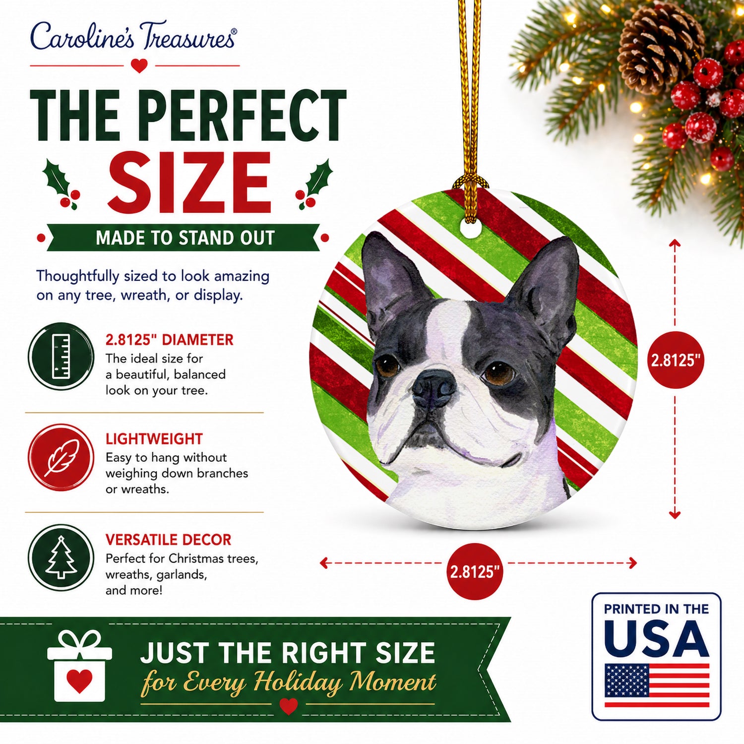 Boston Terrier Candy Cane Holiday Christmas Ceramic Ornament Christmas Tree Hanging Decorations for Home Christmas Holiday, Party, Gift, 3 in, Multicolor