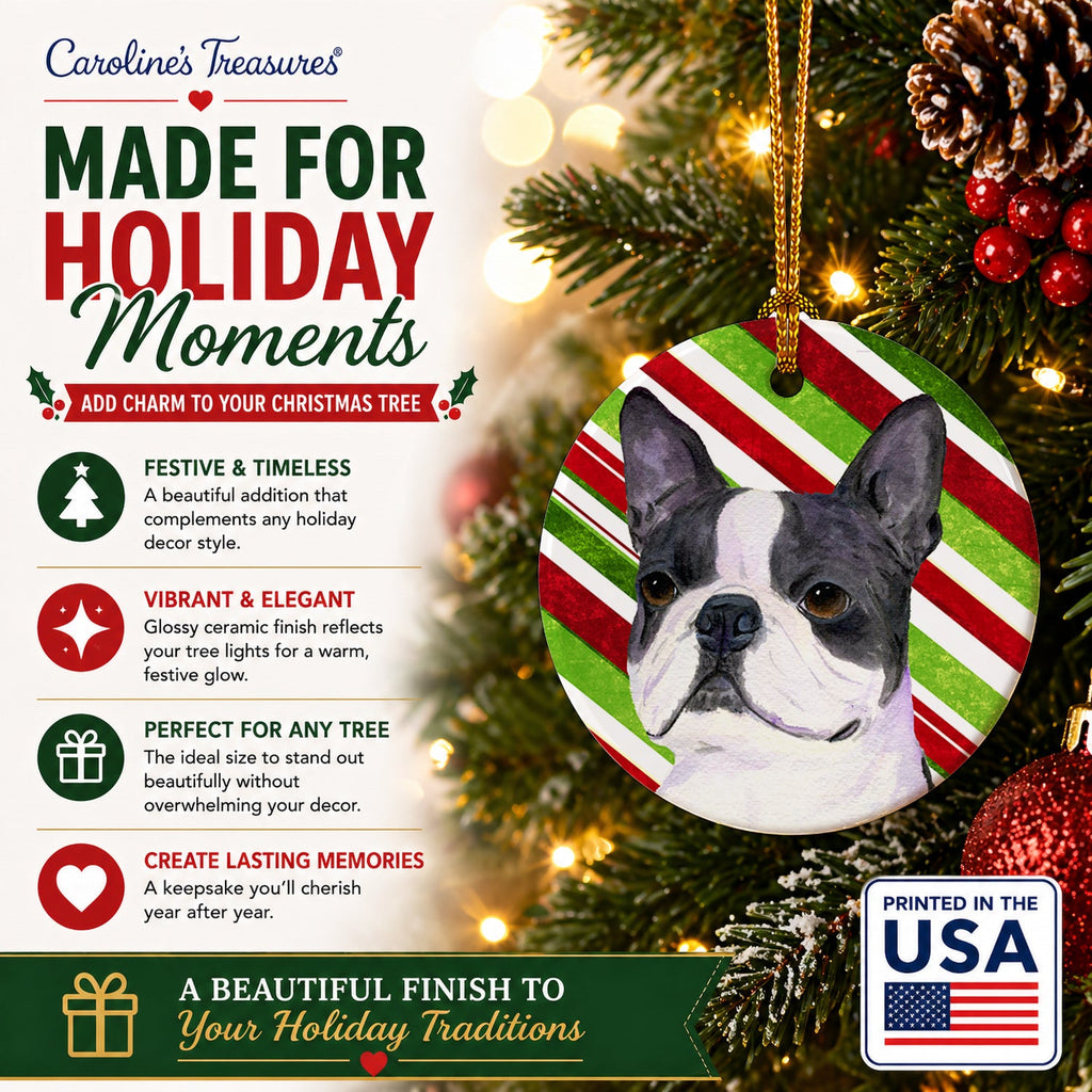 Boston Terrier Candy Cane Holiday Christmas Ceramic Ornament Christmas Tree Hanging Decorations for Home Christmas Holiday, Party, Gift, 3 in, Multicolor