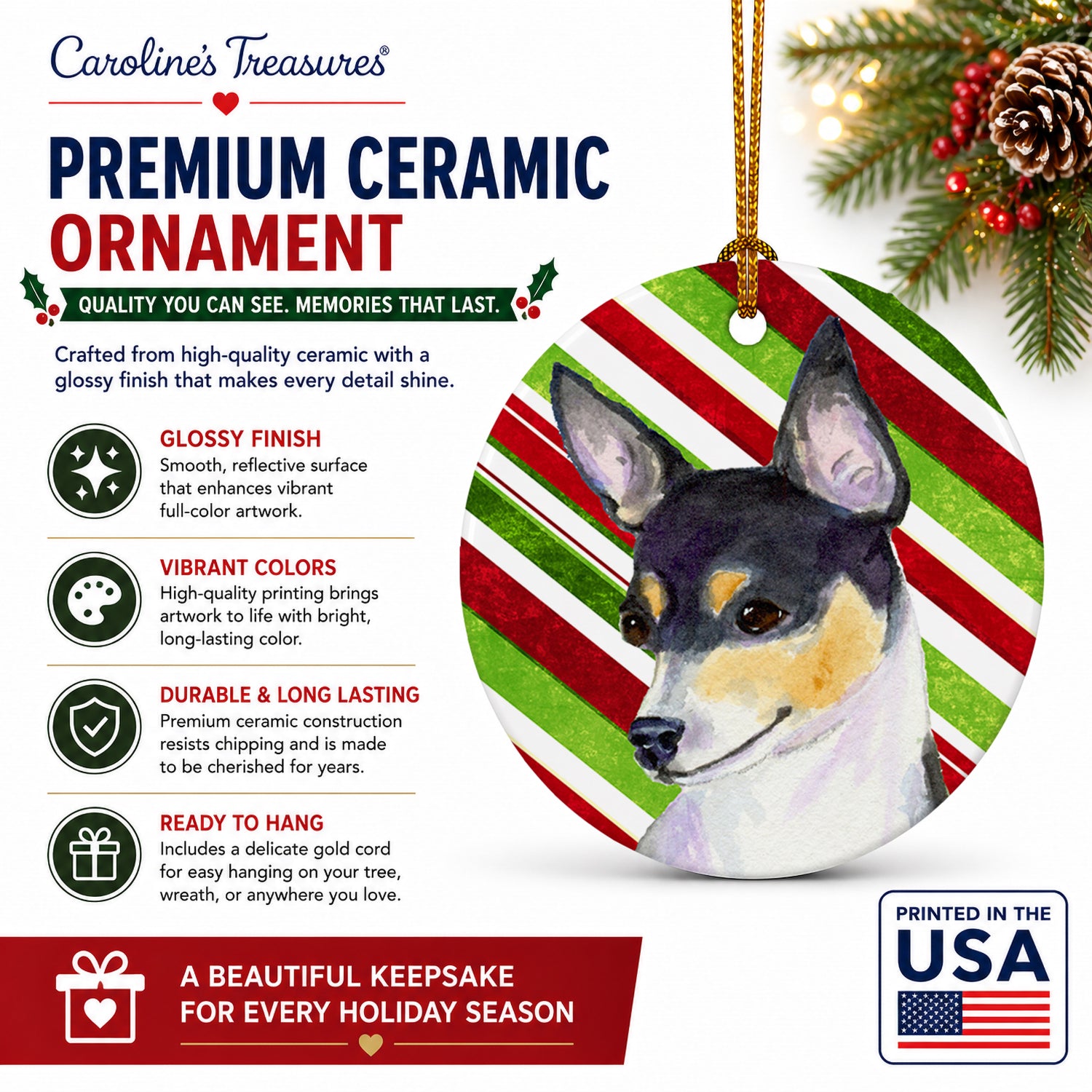 Chihuahua Candy Cane Holiday Christmas Ceramic Ornament Christmas Tree Hanging Decorations for Home Christmas Holiday, Party, Gift, 3 in, Multicolor