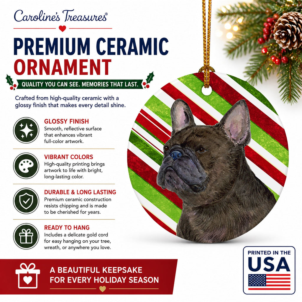 French Bulldog Candy Cane Holiday Christmas Ceramic Ornament Christmas Tree Hanging Decorations for Home Christmas Holiday, Party, Gift, 3 in, Multicolor