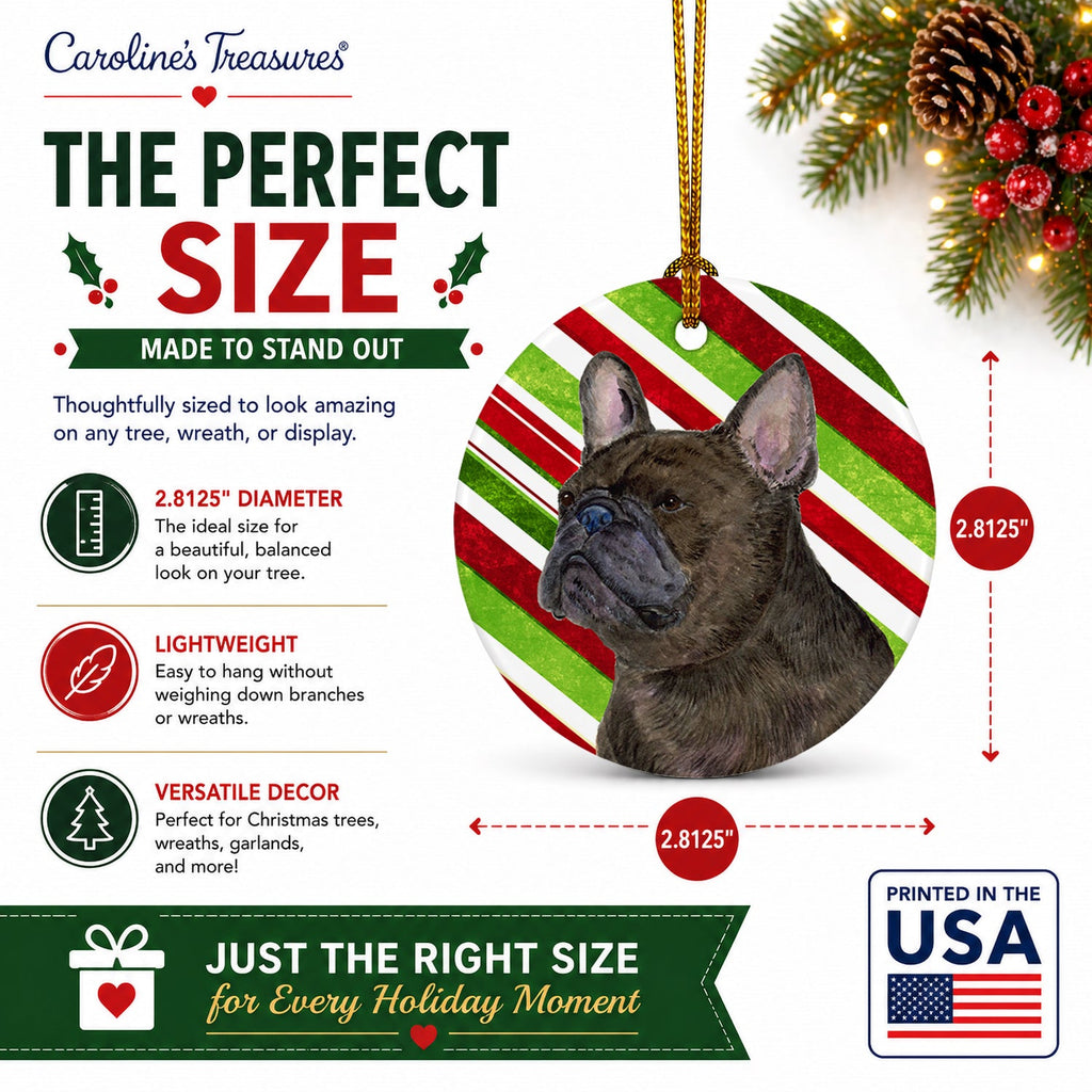 French Bulldog Candy Cane Holiday Christmas Ceramic Ornament Christmas Tree Hanging Decorations for Home Christmas Holiday, Party, Gift, 3 in, Multicolor