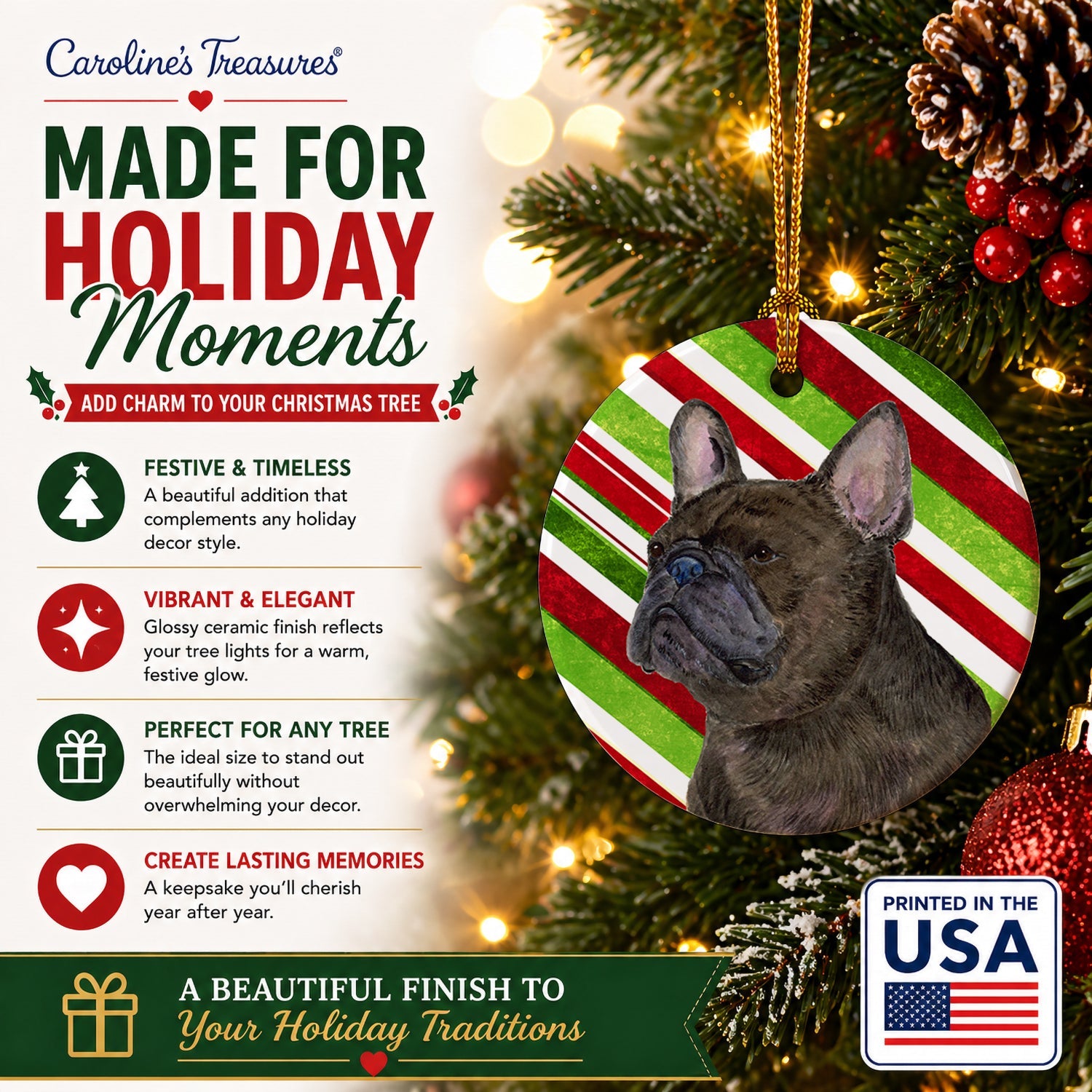 French Bulldog Candy Cane Holiday Christmas Ceramic Ornament Christmas Tree Hanging Decorations for Home Christmas Holiday, Party, Gift, 3 in, Multicolor