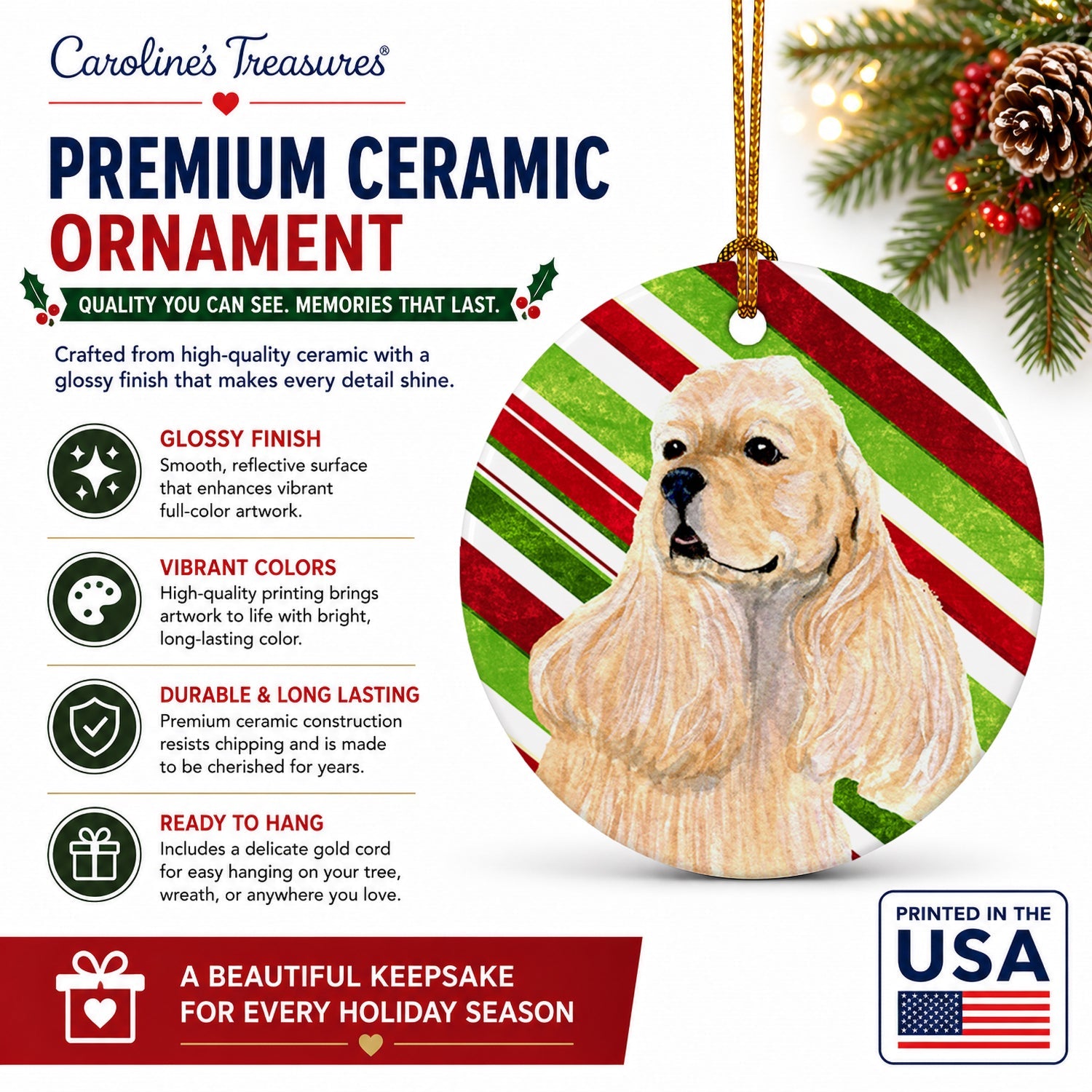 Cocker Spaniel Candy Cane Holiday Christmas Ceramic Ornament Christmas Tree Hanging Decorations for Home Christmas Holiday, Party, Gift, 3 in, Multicolor
