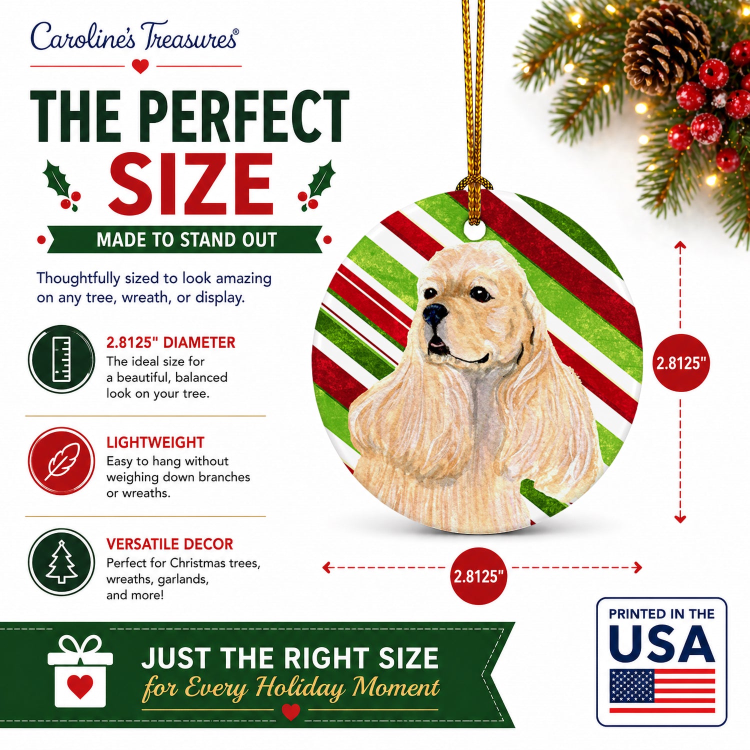 Cocker Spaniel Candy Cane Holiday Christmas Ceramic Ornament Christmas Tree Hanging Decorations for Home Christmas Holiday, Party, Gift, 3 in, Multicolor