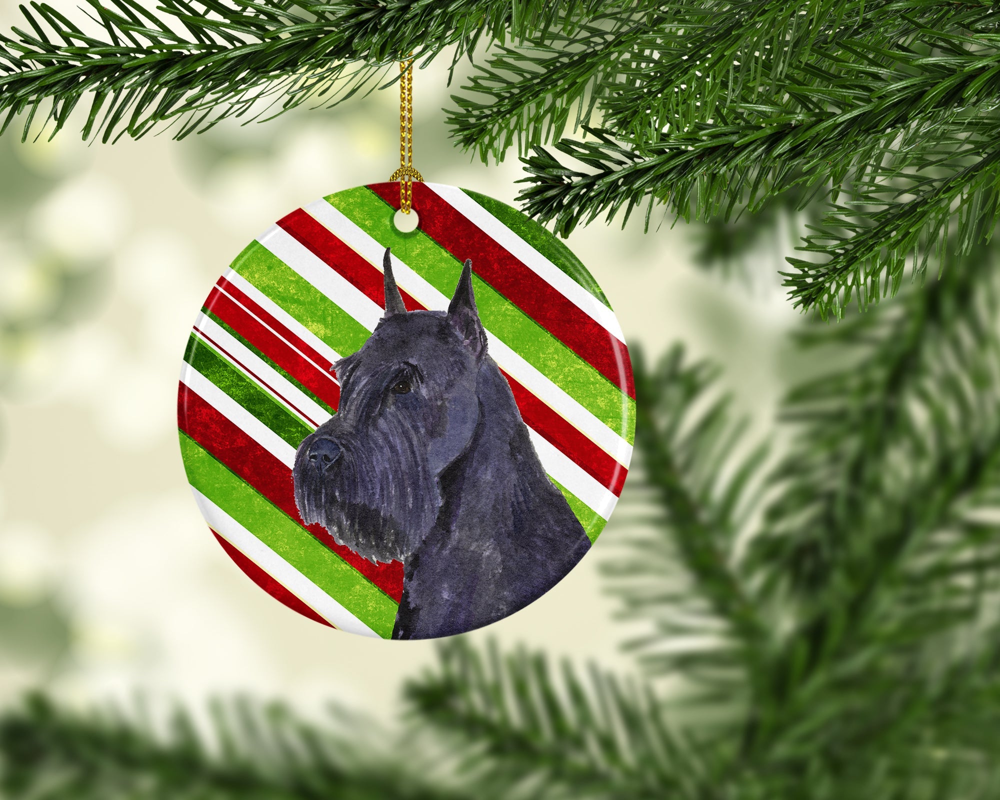 Schnauzer Candy Cane Holiday Christmas Ceramic Ornament Christmas Tree Hanging Decorations for Home Christmas Holiday, Party, Gift, 3 in, Multicolor