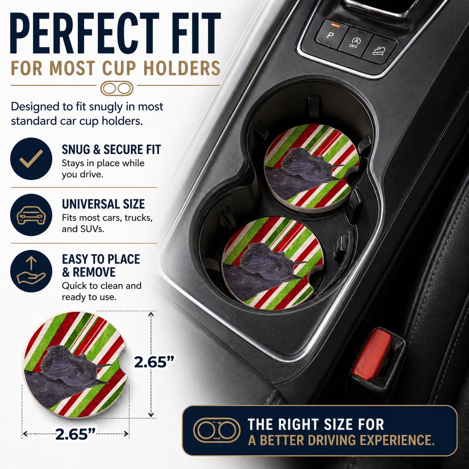 Schnauzer Candy Cane Holiday Christmas Set of 2 Cup Holder Car Coasters Absorbent Round Sandstone Coasters Gifts for Men or Women, 2.5, Multicolor