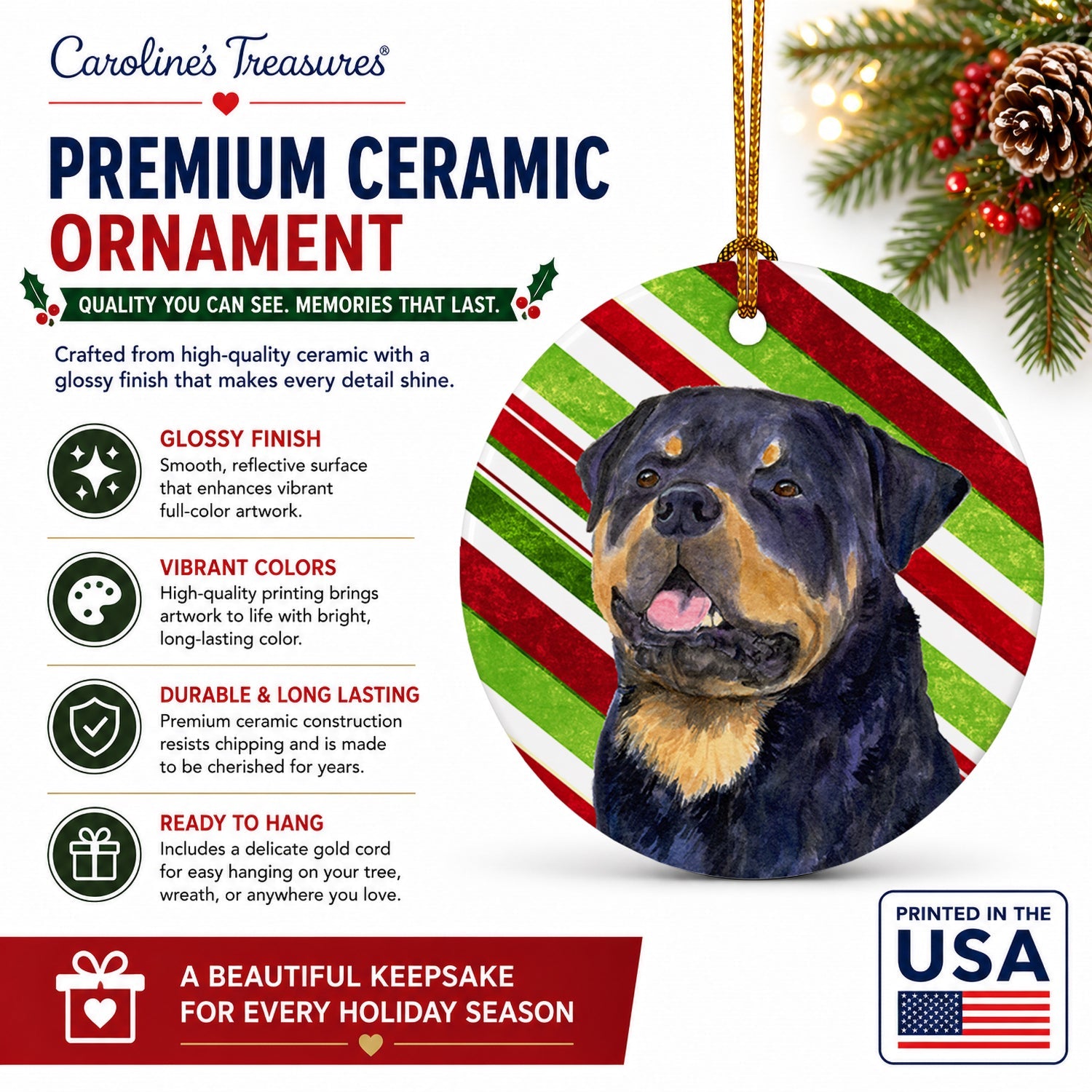Rottweiler Candy Cane Holiday Christmas Ceramic Ornament Christmas Tree Hanging Decorations for Home Christmas Holiday, Party, Gift, 3 in, Multicolor