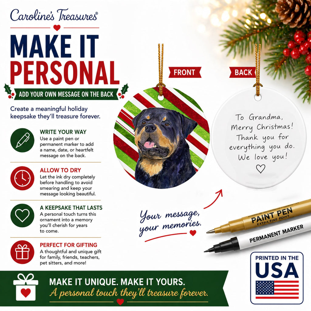 Rottweiler Candy Cane Holiday Christmas Ceramic Ornament Christmas Tree Hanging Decorations for Home Christmas Holiday, Party, Gift, 3 in, Multicolor