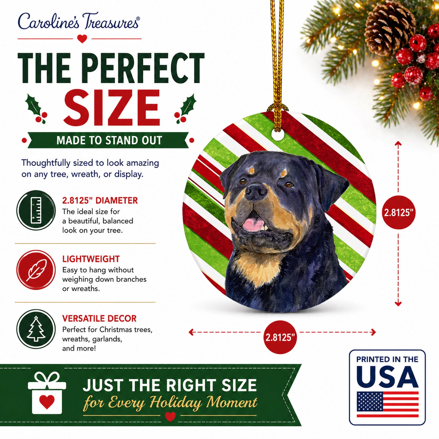 Rottweiler Candy Cane Holiday Christmas Ceramic Ornament Christmas Tree Hanging Decorations for Home Christmas Holiday, Party, Gift, 3 in, Multicolor