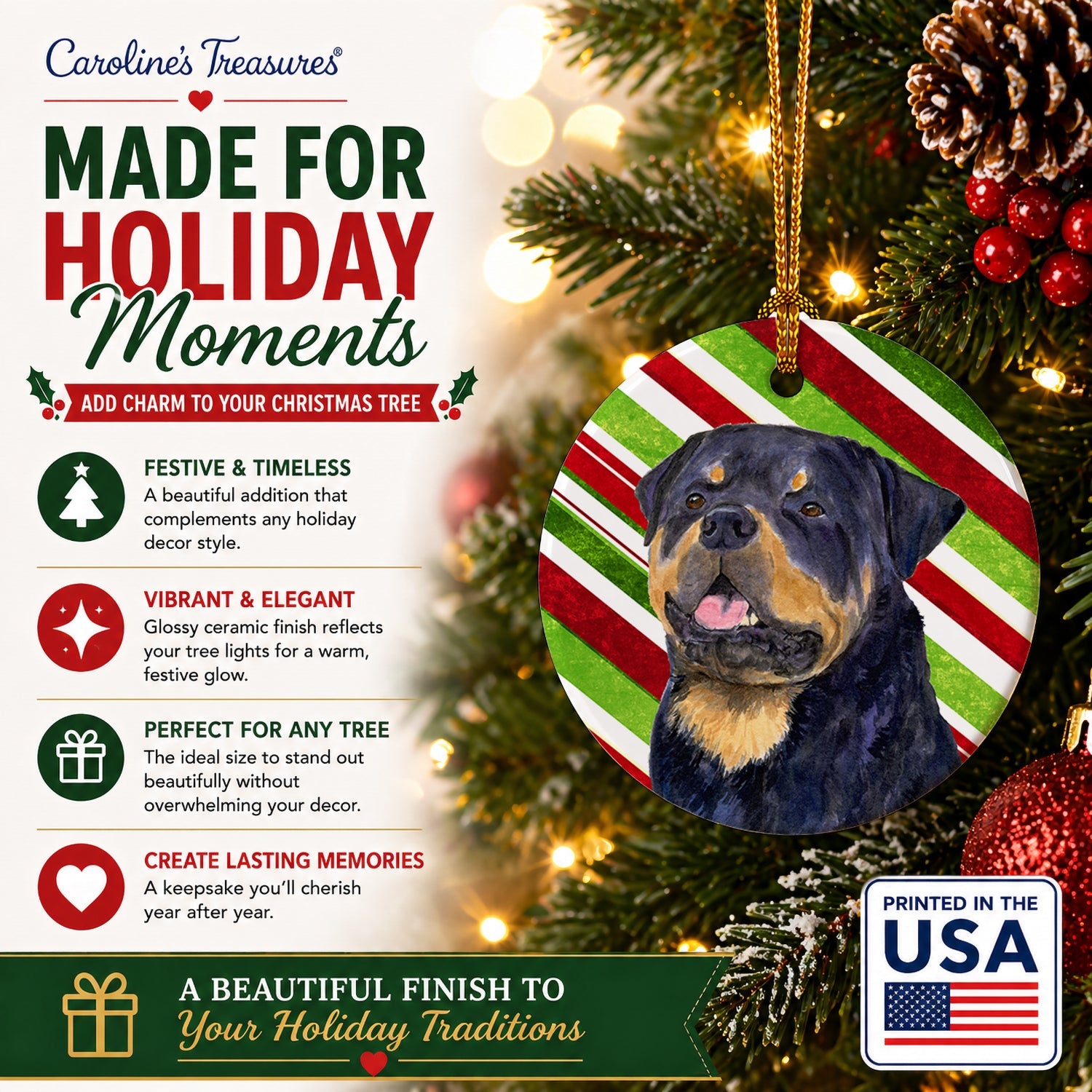 Rottweiler Candy Cane Holiday Christmas Ceramic Ornament Christmas Tree Hanging Decorations for Home Christmas Holiday, Party, Gift, 3 in, Multicolor