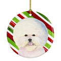 Bichon Frise Candy Cane Holiday Christmas Ceramic Ornament Christmas Tree Hanging Decorations for Home Christmas Holiday, Party, Gift, 3 in, Multicolor