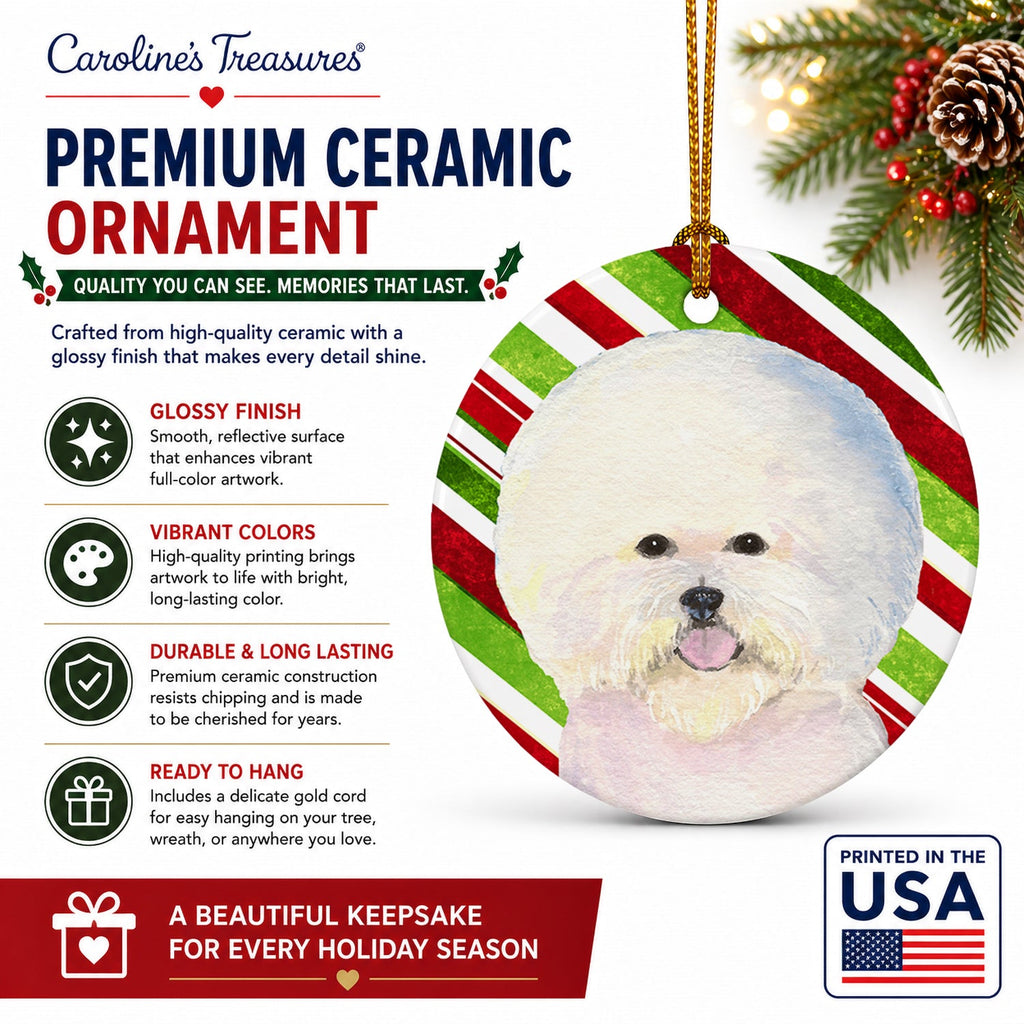 Bichon Frise Candy Cane Holiday Christmas Ceramic Ornament Christmas Tree Hanging Decorations for Home Christmas Holiday, Party, Gift, 3 in, Multicolor