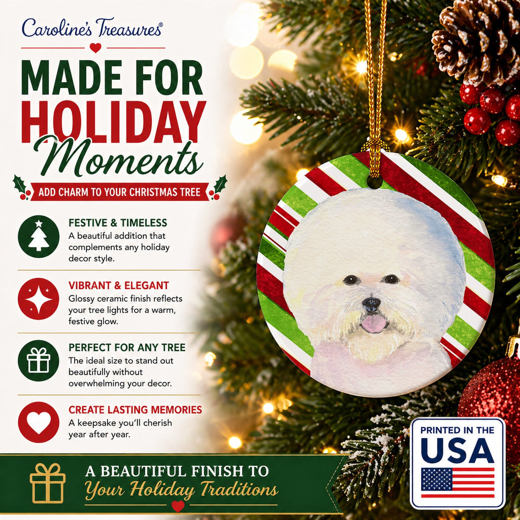 Bichon Frise Candy Cane Holiday Christmas Ceramic Ornament Christmas Tree Hanging Decorations for Home Christmas Holiday, Party, Gift, 3 in, Multicolor