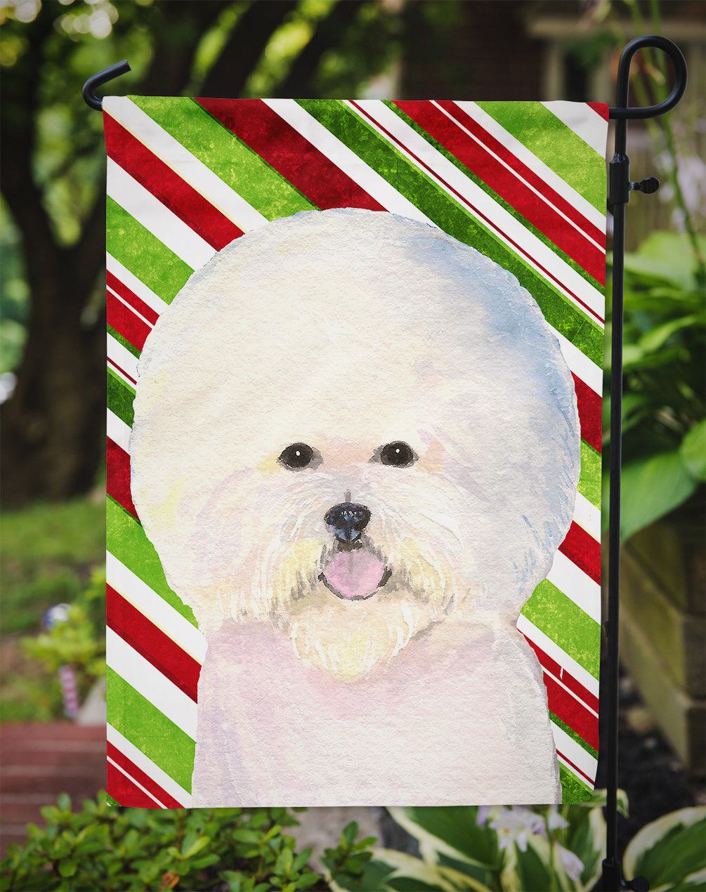 Bichon Frise Candy Cane Holiday Christmas Garden Flag Mailbox Decorative Yard Banner Outside Patio Artwork for Flower Beds, Garden Size, Multicolor