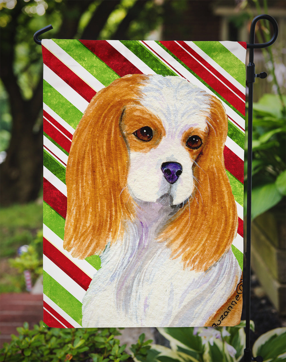 Cavalier Spaniel Candy Cane Holiday Christmas Garden Flag Mailbox Decorative Yard Banner Outside Patio Artwork for Flower Beds, Garden Size, Multicolor
