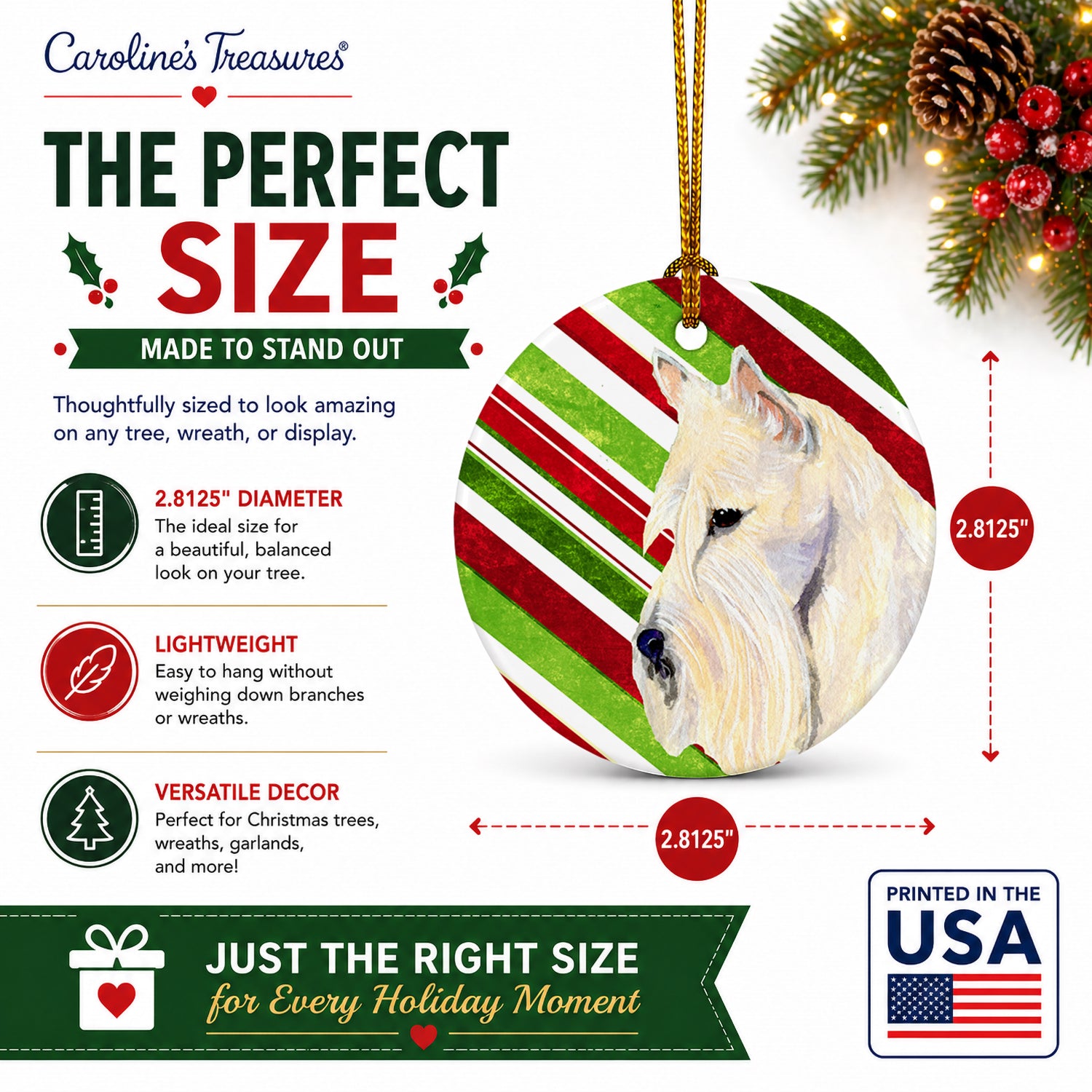 Scottish Terrier Candy Cane Holiday Christmas Ceramic Ornament Christmas Tree Hanging Decorations for Home Christmas Holiday, Party, Gift, 3 in, Multicolor