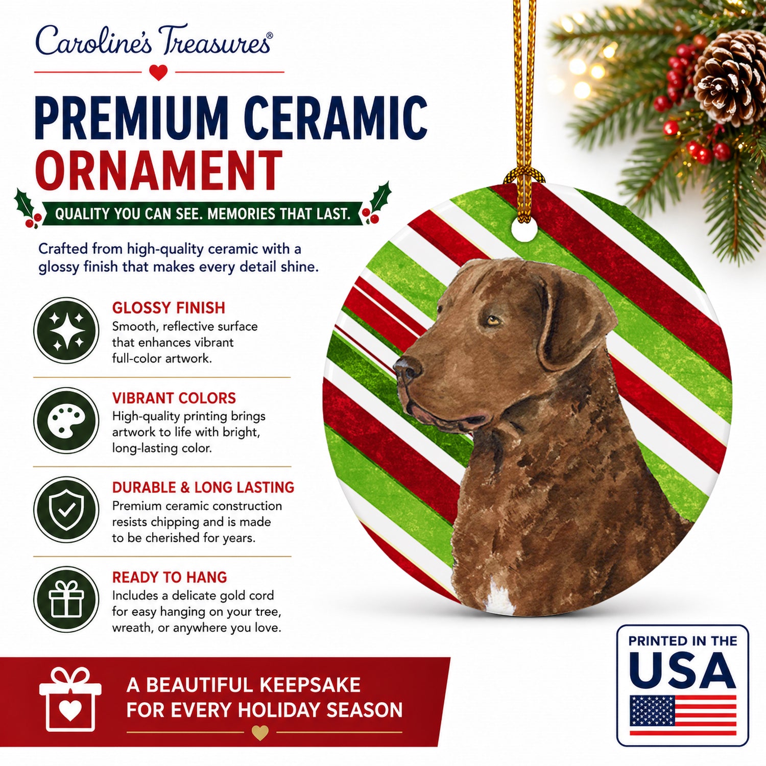 Chesapeake Bay Retriever Candy Cane Holiday Christmas Ceramic Ornament Christmas Tree Hanging Decorations for Home Christmas Holiday, Party, Gift, 3 in, Multicolor