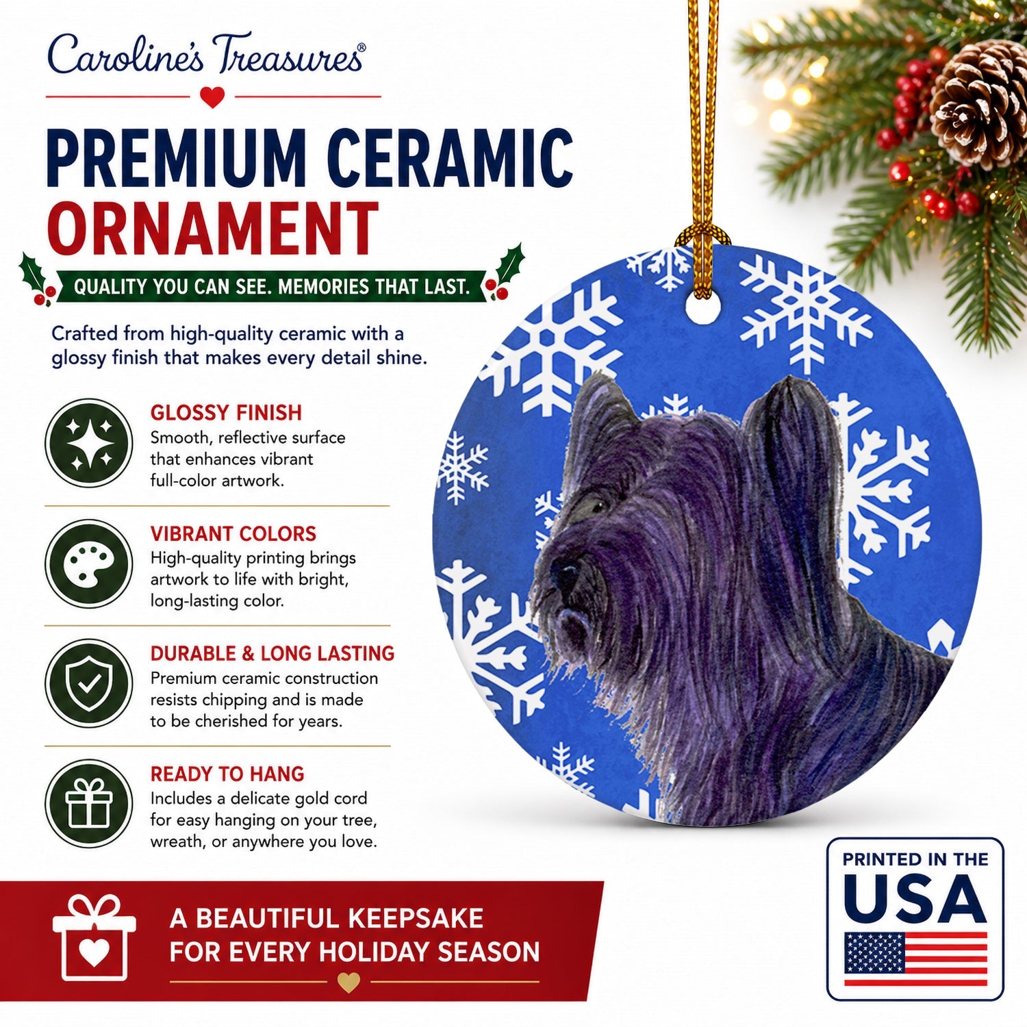 Skye Terrier Winter Snowflakes Holiday Ceramic Ornament Christmas Tree Hanging Decorations for Home Christmas Holiday, Party, Gift, 3 in, Multicolor