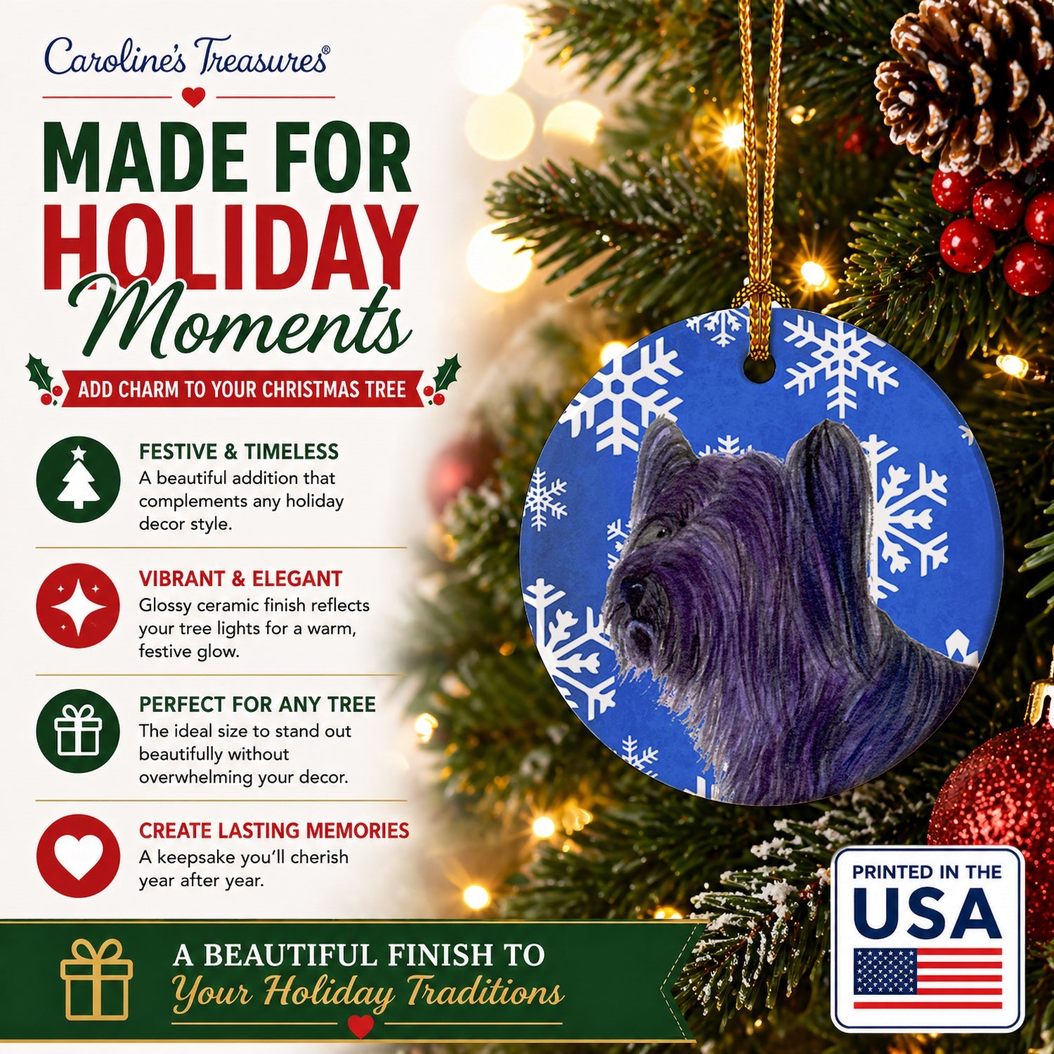 Skye Terrier Winter Snowflakes Holiday Ceramic Ornament Christmas Tree Hanging Decorations for Home Christmas Holiday, Party, Gift, 3 in, Multicolor
